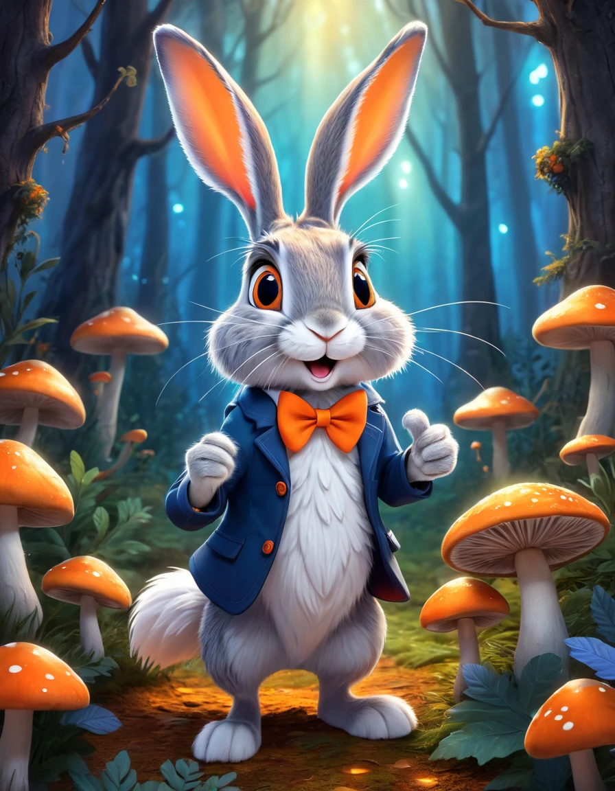 A grey and white hare with orange carrot in his hand, fable character in American animated cartoon style, vibrant color, ultrasharp and crisp illustration, with longer ears, looking surprised, in an enchanted forest background with magical glowing mushrooms, with fluffy fur
