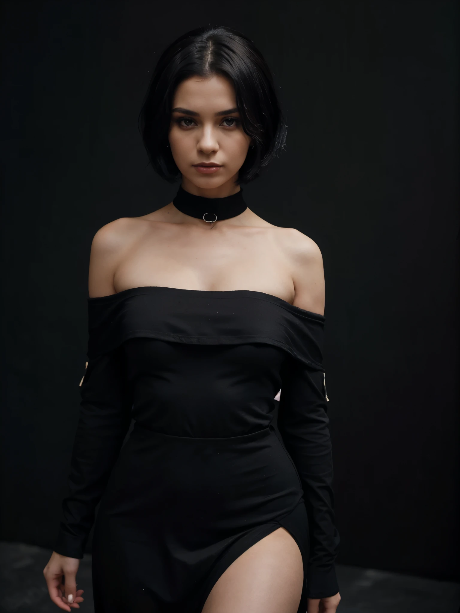 Magazine style photo of a young woman with black bob hair wearing a maroon half off-the-shoulder cropped oversized t-shirt and black chocker inspired by Dior and and Elizabeth II dress, indirect lighting, studio portrait, dark plain background, dynamic pose, beautiful body, 160 cm 50 kg, Soho, shot on Kodak Colorplus 200, film photography, f1.8 50mm lens, dynamic pose, gothic inspired fashion style