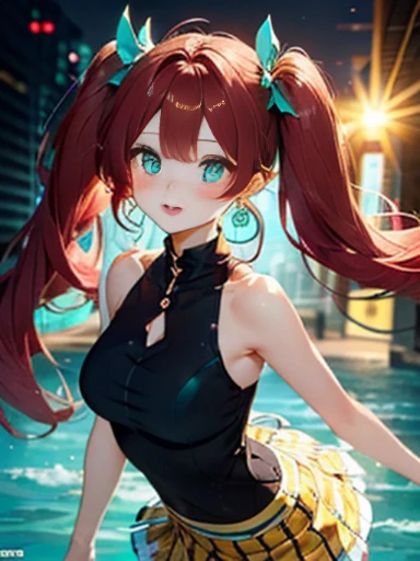 sandy beach、Asahi、big butt、 (alone:1.5,)Super detailed,bright colors, very beautiful detailed anime face and eyes, look straight, ;shiny_skin,girl, ((White Long Hair,Inner color is red hair））、forehead is exposed.、、shiny hair, delicate beautiful face, blush、(turquoise eyes), White skin, Valletta, earrings,、、、yellow check mini skirt、twin tails、cheerful pose、dynamic