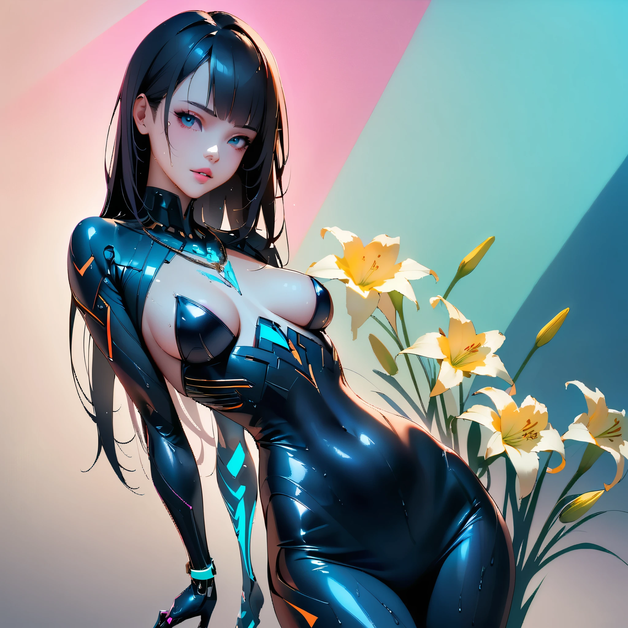 ((Create MaxZenArt!))_((One, 1 girl, tattoos, glowing tattoos, shiny, white-fluffy 16+), (skulls among flowers, weapons), (Sexy topless), (black transparent clothes-dress) ) , (sexy, erotic))_((Delicate scarlet lips), (straight black hair - long, highlights, blue, cascading), (multi-colored shiny hair), (cool shine, wet straight hair))_((Stylization; clear line, clear outline, high-quality linear drawing, shading))_((Simple color palettes), (color fill, richness of colors, saturation, harmony, balance), (rich pastel colors, pure colors), (cyberpunk))_(( Sexy, erotic), (simple, minimal accessories), (necklaces and thin rings made of silver or gold), (simple bracelets, unusual designs, simple silhouettes), (erotic style))_((Background), (abstract minimalism), (stunning cybernetic flowers), (lilies, extremely unusual, long stems - large stems, skulls, among the flowers)).