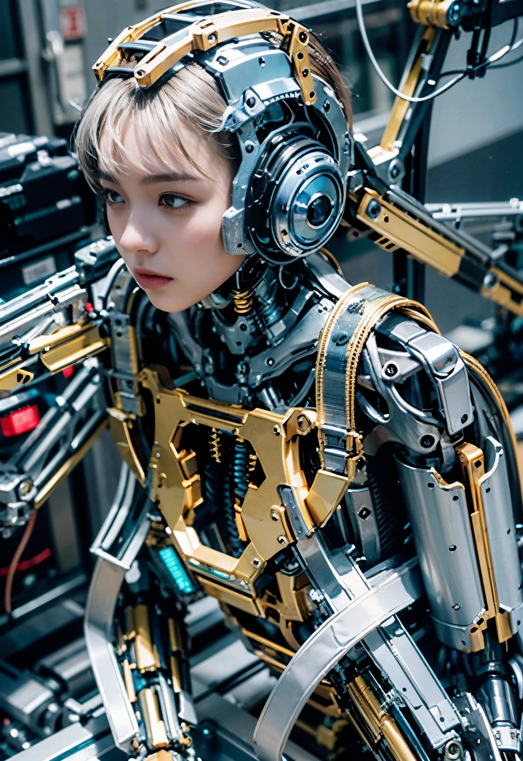 (best quality:1.2), 8k, highres, octan render, (masterpiece), extremely ultra detail, cyborgized Japanese woman, extremely ultra cute face, , skinny body, flat chest, (blue metallic mechanical frame:1.5), (Power cables connected throughout the body), detaile up, Instead of hair, there are cables growing out of it, mechanical fusion, mechanical skeleton, bio mechanics, mechanical life-form, highly intricate detail, extremely ultra real texture, human-like skin, realistic hair, ultra realistic details, professional lighting, (realistic:1.4), (RAW photo:1.2), (photorealistic:1.5)