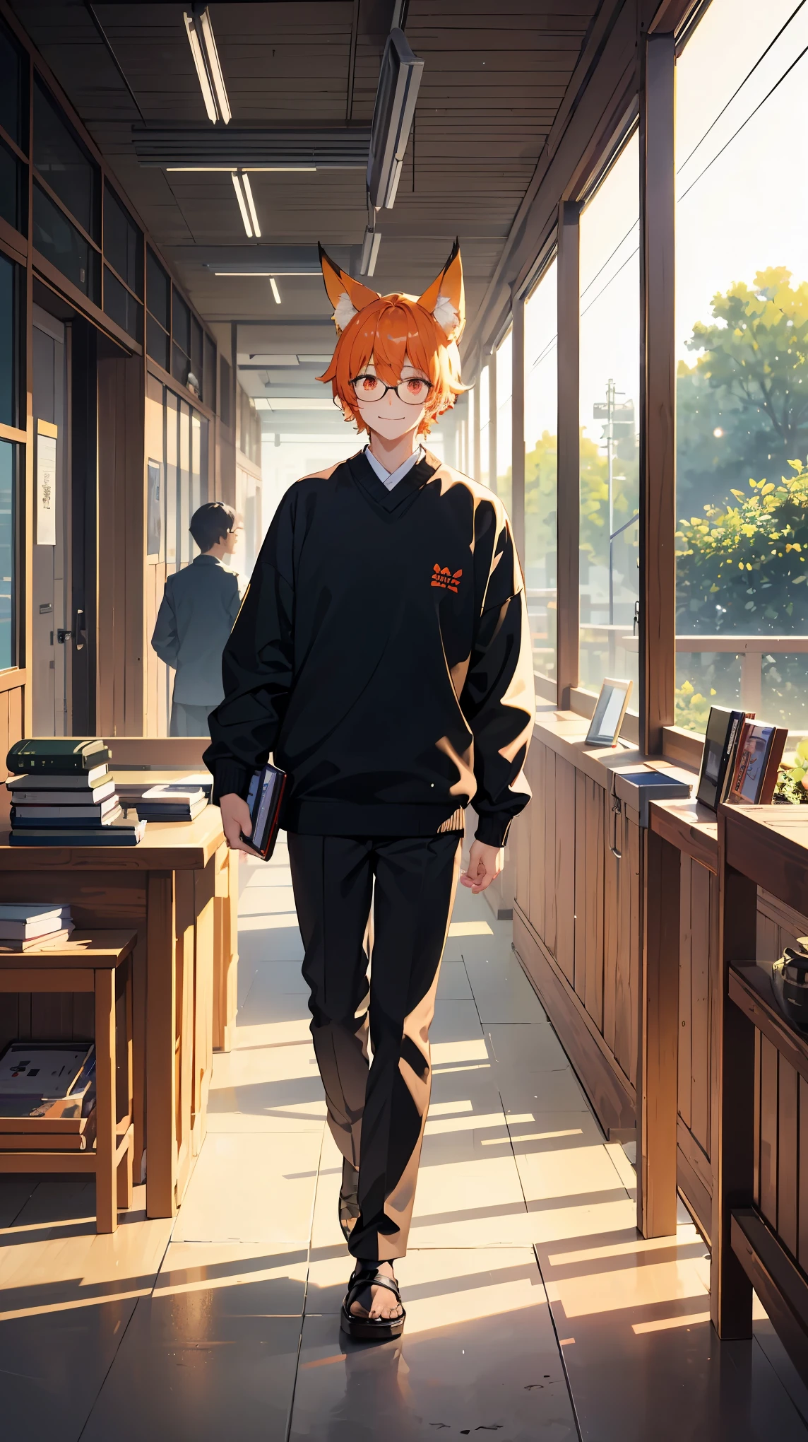 1man, embarrasing, smile, stylish hair, black glasses, orange hair, red eyes, fox ears, wallpaper, landscape, depth of field, morning, modern school lobby, light particles, light rays, sidelighting, modern japanese , (modern japanese school shirt), modern japanese school pants, (black sweater), holding books