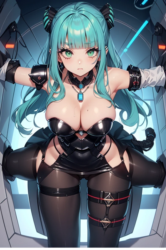 (chibi, deformed, thick outlines), ((green eyes, long wavy light blue hair, visible ears, hime cut, blunt bangs, parted hair, sidelocks, thick eyelashes, narrow waist, thick thighs, large breasts, huge breasts, blue eyebrows, thin eyebrows, mascara, nail polish, black nails, thick body proportions, necklace, lace trim, thigh strap, leg strap, thigh holster, detached sleeves, scifi armor skirt, cleavage, pantyhose)), (((science fiction, futuristic, solo, 1girl, stationary restraints, vaginal object insertion, sex machine))),