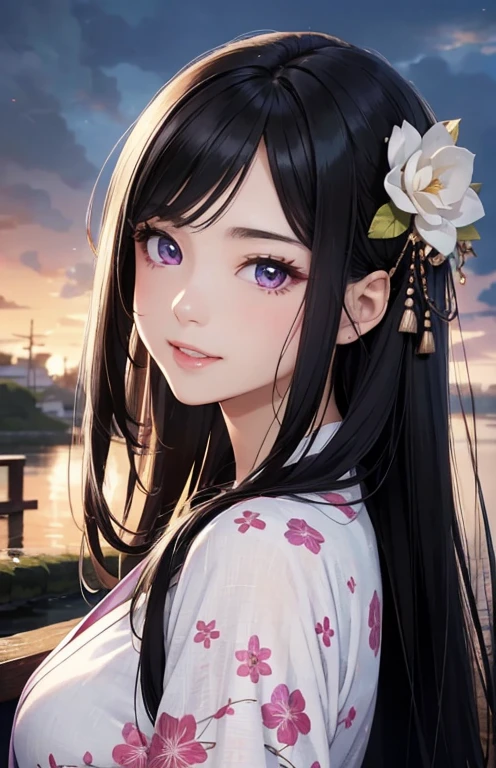 masterpiece、highest quality、High resolution、high quality images、8K, 1 female、skin luster、Texture of skin and clothing、Expression of fine eyes、glossy black hair,long hair girl, Manga inspired by Lee Jong-suk, trending on deviantart, realism, detailed manga style, manga art style, perfect line drawing, beautiful line drawing, digital manga art girl, K-POPアイドル, dress, beautiful purple eyes, plump lips, detailed gorgeous face, (cute smile), charm, innocent, Side view, (perfectly detailed face), (fine hands) photorealistic images, Depth of written boundary, half up hairstyle, kimono,Japan,The beauty of being in the background of an ancient city