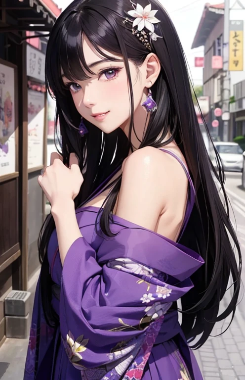 masterpiece、highest quality、High resolution、high quality images、8K, 1 female、skin luster、Texture of skin and clothing、Expression of fine eyes、glossy black hair,long hair girl, Manga inspired by Lee Jong-suk, trending on deviantart, realism, detailed manga style, manga art style, perfect line drawing, beautiful line drawing, digital manga art girl, K-POPアイドル, dress, beautiful purple eyes, plump lips, detailed gorgeous face, (cute smile), charm, innocent, Side view, (perfectly detailed face), (fine hands) photorealistic images, Depth of written boundary, half up hairstyle, kimono,Japan,The beauty of being in the background of an ancient city