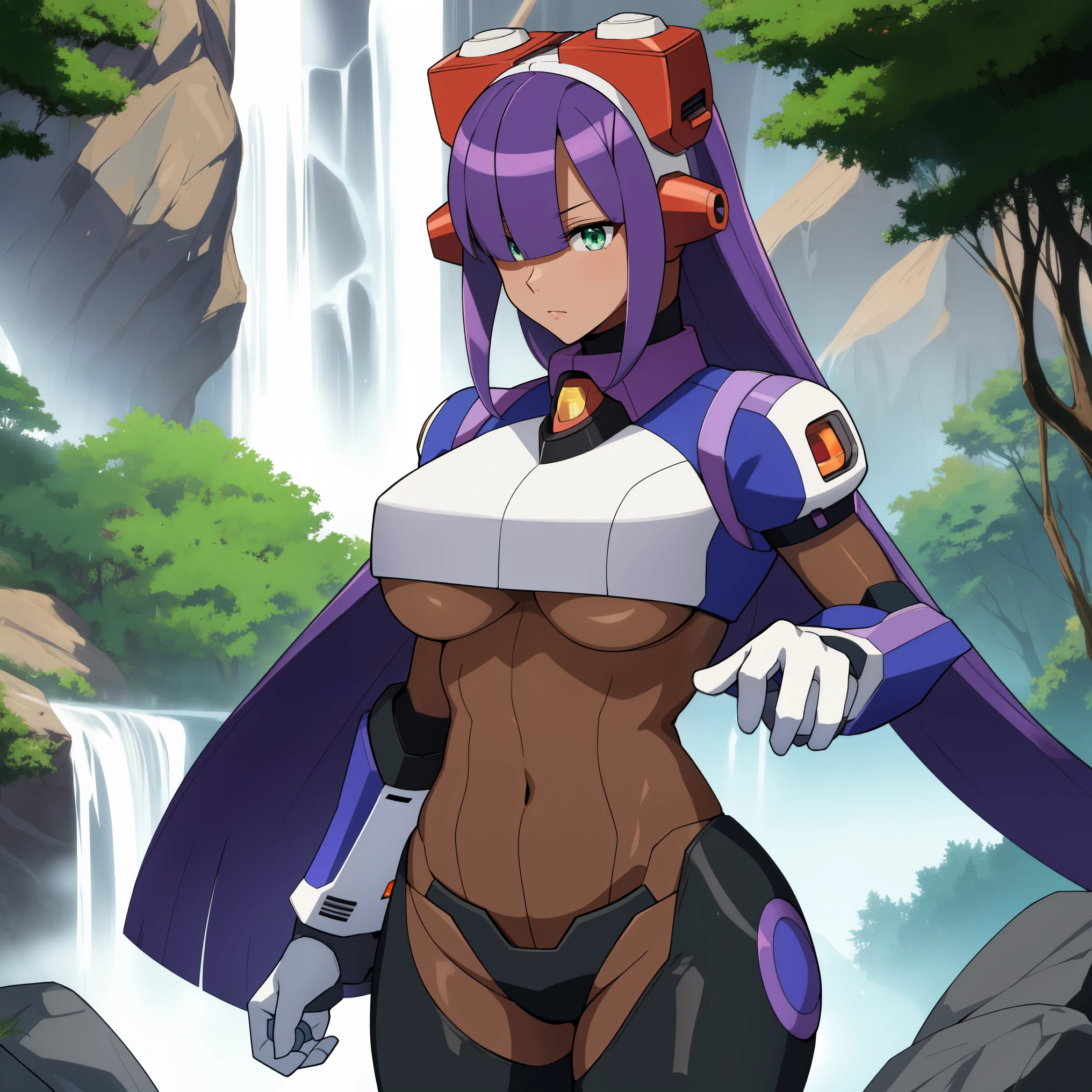 layer_megamanx, 1girl, solo, long hair, purple hair, green eyes, blunt bangs, hair over eyes, large breasts, dark skin, dark-skinned female, android, underboob, robot ears, high quality, masterpiece, in a dark forest looking out at a waterfall, in the style of ultra detailed, dark cyan and light bronze, eye-catching tags, physically based rendering, depictions of inclement weather, heavy shading, landscape inspirations