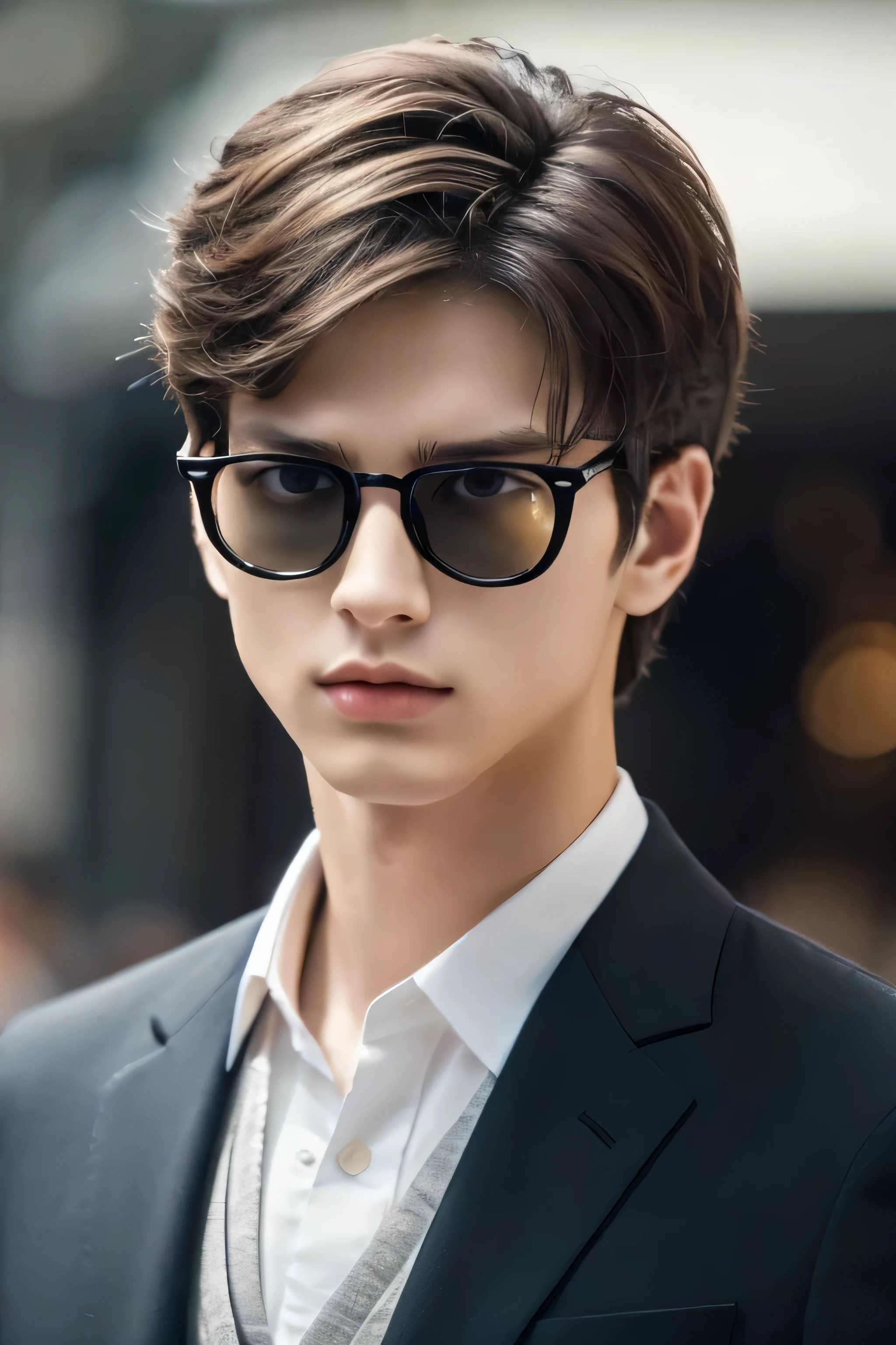 Wearing transparent glasses、Tokyo Marunouchi、Sidewalk under the trees、body whole、Height 178cm、long legs、Walking briskly and hurriedly、wearing frameless glasses、Talking on an iPhone、Holding a black bag handle、He wears a white shirt and a dark blue suit、navy blue tie、No tie pin、A beautiful young man, 23 years old、Kazuma、masterpiece photo、ultra high resolution、 Really detailed RAW photos. Attractive big eyes,The lips are thin and tight、The tip of the nose is straight、nostrils are small、 dark brown hair, Fair skin,Body type is slim