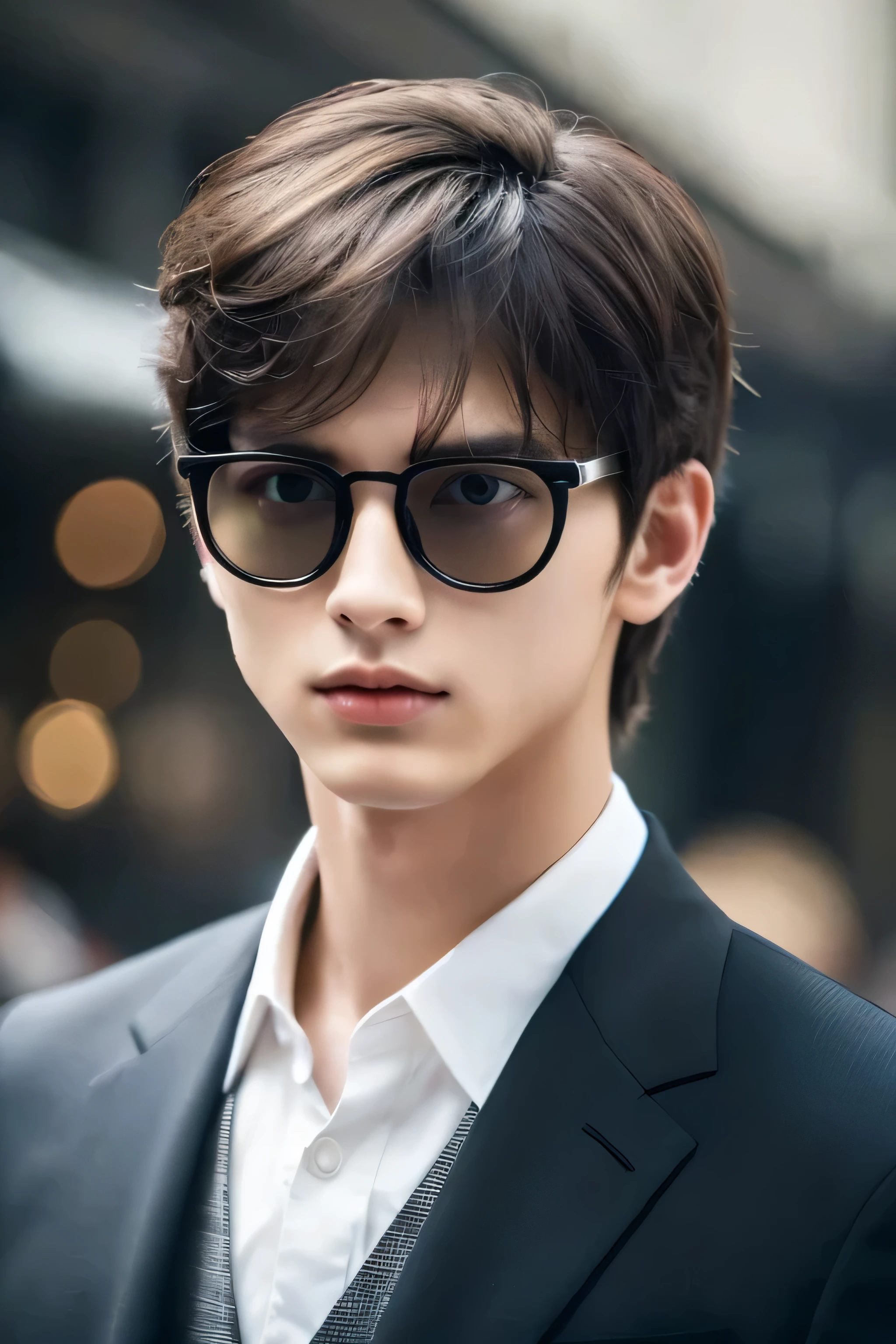 Wearing transparent glasses、Tokyo Marunouchi、Sidewalk under the trees、body whole、Height 178cm、long legs、Walking briskly and hurriedly、wearing frameless glasses、Talking on an iPhone、Holding a black bag handle、He wears a white shirt and a dark blue suit、navy blue tie、No tie pin、A beautiful young man, 23 years old、Kazuma、masterpiece photo、ultra high resolution、 Really detailed RAW photos. Attractive big eyes,The lips are thin and tight、The tip of the nose is straight、nostrils are small、 dark brown hair, Fair skin,Body type is slim