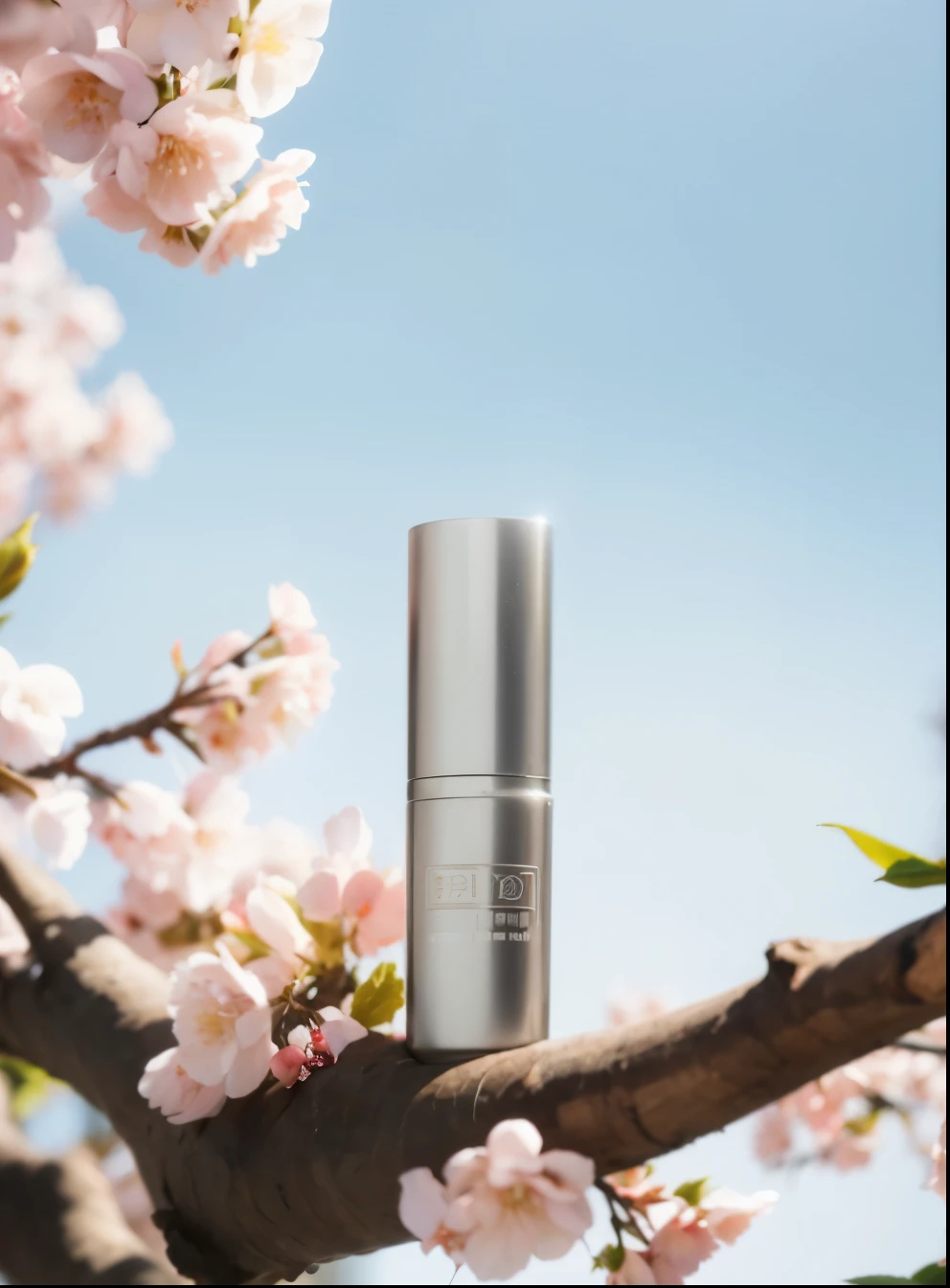 Close up of a bottle of eye cream on a tree branch, Cherry blossoms, plum bossom, Professional product photography, textured base ; product photo, flowering, lush Cherry blossoms, Cherry blossoms season dynamic lighting, Photo shoot for skin care brand, Gives a natural skin glow, Full product shoot, Dramatic product shots, available images, 专业product photo, Cherry blossoms bloomimg