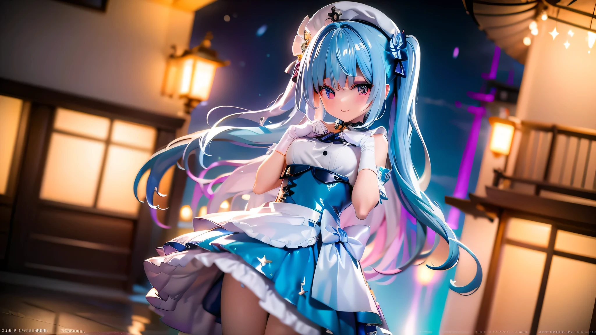 Multiple girls hugging stuffed toys at a space amusement park:.A space amusement park decorated with colorful lights and stars, An 11-year-old girl holds a large stuffed toy in her arms. She wears a dreamy blue dress decorated with star-shaped lace and ribbons。. The black tights are decorated with a shiny floral pattern., And on her feet are shoes with silver glitter.. The girl is smiling shyly, And behind her is an infinite universe, Stars are twinkling around her. A scene capturing a fantastic moment where dreams and reality intersect