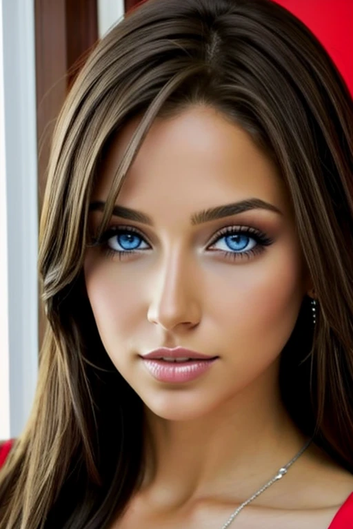 Una chica muy sexy, long light brown hair, ojos azul claro, ,muy sexy y realista , cuerpo entero , esta parada ,lleva puesto un body color blanco y medias red color negra .lenceria muy sexy .esta mirandose al espejo.que tiene en la habitacion del hotel