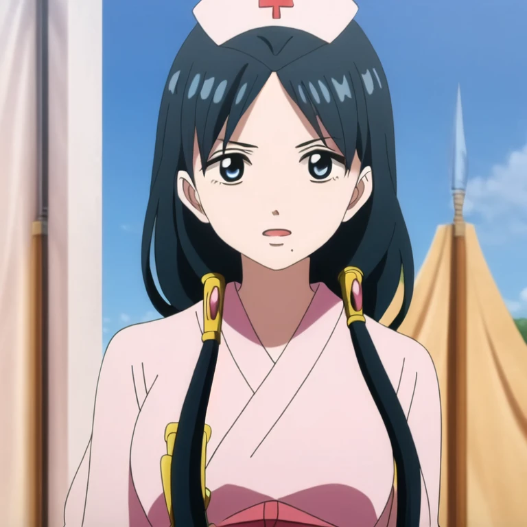 ((masterpiece)),((High resolution)),((highest quality)),((very detailed)),((very detailedCG Unity 8K壁紙)),illustrati○n,Hakuei Ren,black hair,black eye,medium breasts,;○,blue sky,(nurse:1.4),leaning f○rward,arm to the side,wind○w,blue sky,Face-to-face audience,Upper body,((Lie face up on the ground)),blush