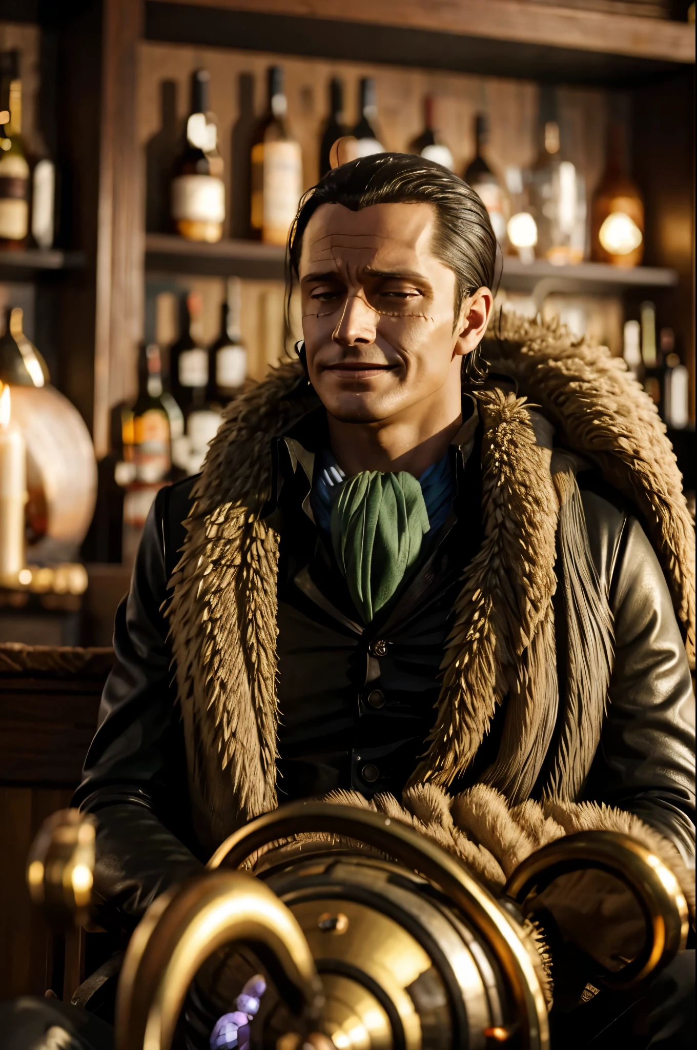 masterpiece, best quality, extremely detailed, hyperrealistic, photorealistic, a cool 40s man, ultra detailed face:1.2, fur-trimmed coat, scarf around the neck, his left hand is a golden pirate hook:1.1, at bar:1.2, sitting, a red wine grass, sly smile