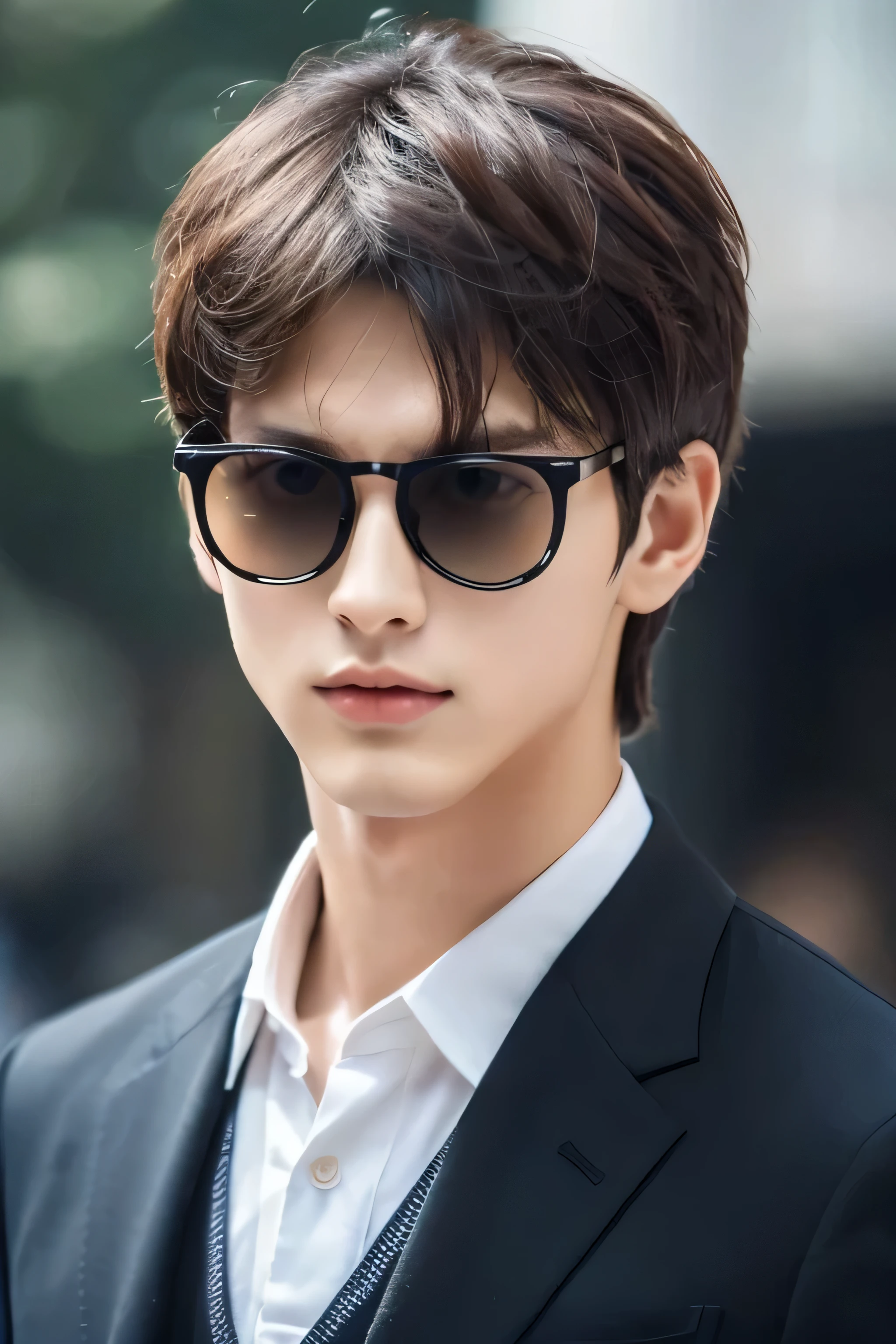 Wearing transparent glasses、Tokyo Marunouchi、Sidewalk under the trees、body whole、Height 178cm、long legs、Walking briskly and hurriedly、wearing frameless glasses、Talking on an iPhone、Holding a black bag handle、He wears a white shirt and a dark blue suit、navy blue tie、No tie pin、A beautiful young man, 23 years old、Kazuma、masterpiece photo、ultra high resolution、 Really detailed RAW photos. Attractive big eyes,The lips are thin and tight、The tip of the nose is straight、nostrils are small、 dark brown hair, Fair skin,Body type is slim
