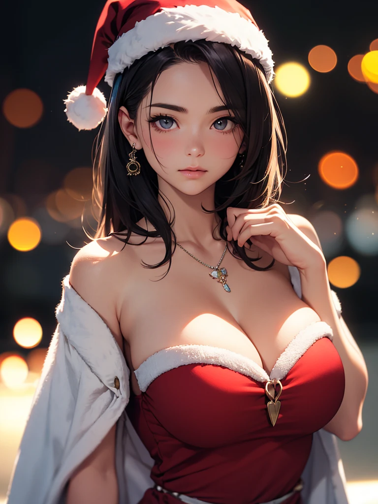 best quality, masterpiece, High resolution, a girl, santa suit, necklace, jewelry, pretty face, big breasts, more than_Body, Tyndall effect, lifelike, dark studio, edge lighting, two-tone lighting, (HD skin: 1.2), 8K Ultra HD, SLR camera, soft light, high quality, Volumetric lighting, frank, photography, High resolution, 4K, 8K, Bokeh,
