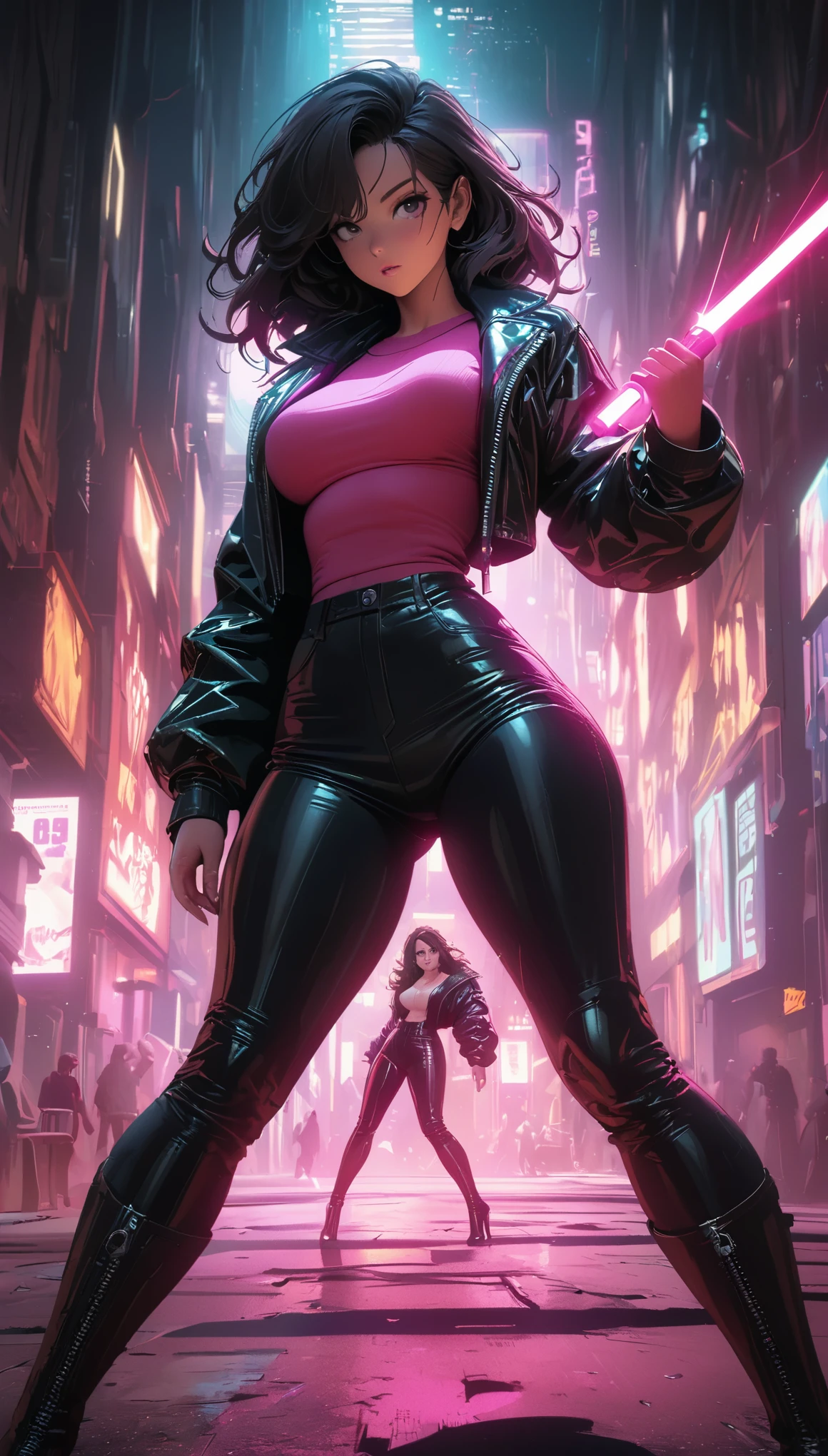 cyberpunk style,30-year-old mature and charming woman,Tight leather jacket and leather pants cover the whole body,High-heeled leather boots,Fight with a laser sword,Beautiful,Glowing special effects,celluloid style,Flat coating,HD,CG art,comics,8K,looking into camera,high quality,illustration,Vaporwave style,rim light,movie lighting,Super detailed,complex,OC renderer,cinematic perspective,high resolution