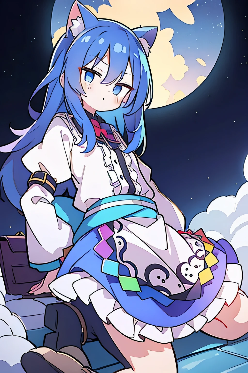 (masterpiece),best quality, expressive eyes, perfect face, 1girl,
Put your hands on your waist,fair, Gorgeous,Japanese cartoons,girl,lola,Hina Angel, blue hair, blue haired, floating clothes,Grab your waist, Grab your waist, hands on hips , hands on hips,sit, sit on ground, Legs on the ground, flat chest,starry sky,cat ear,