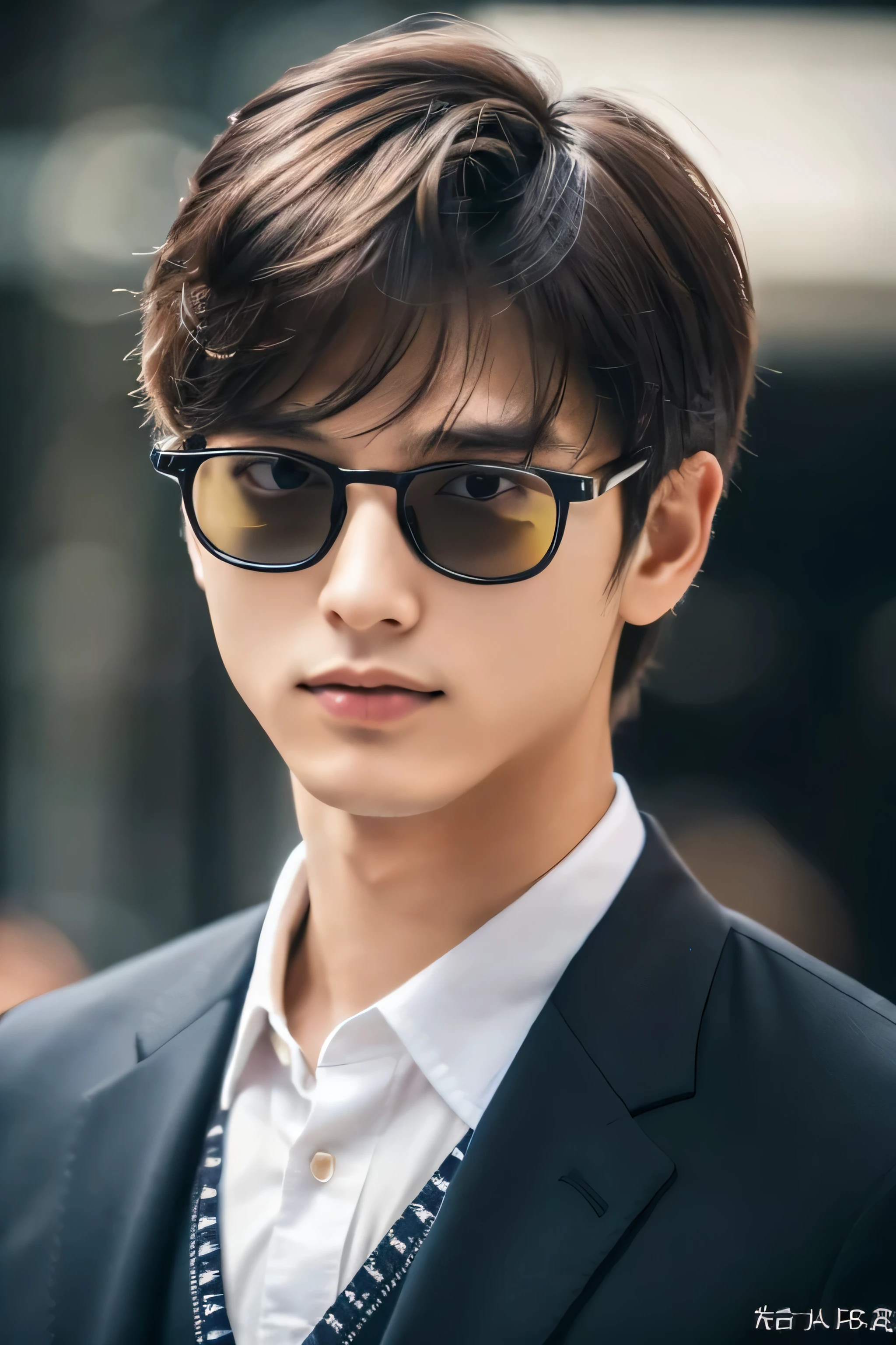 Wearing transparent glasses、Tokyo Marunouchi、Sidewalk under the trees、body whole、Height 178cm、long legs、Walking briskly and hurriedly、wearing frameless glasses、Talking on an iPhone、Holding a black bag handle、He wears a white shirt and a dark blue suit、navy blue tie、No tie pin、A beautiful young man, 23 years old、Kazuma、masterpiece photo、ultra high resolution、 Really detailed RAW photos. Attractive big eyes,The lips are thin and tight、The tip of the nose is straight、nostrils are small、 dark brown hair, Fair skin,Body type is slim