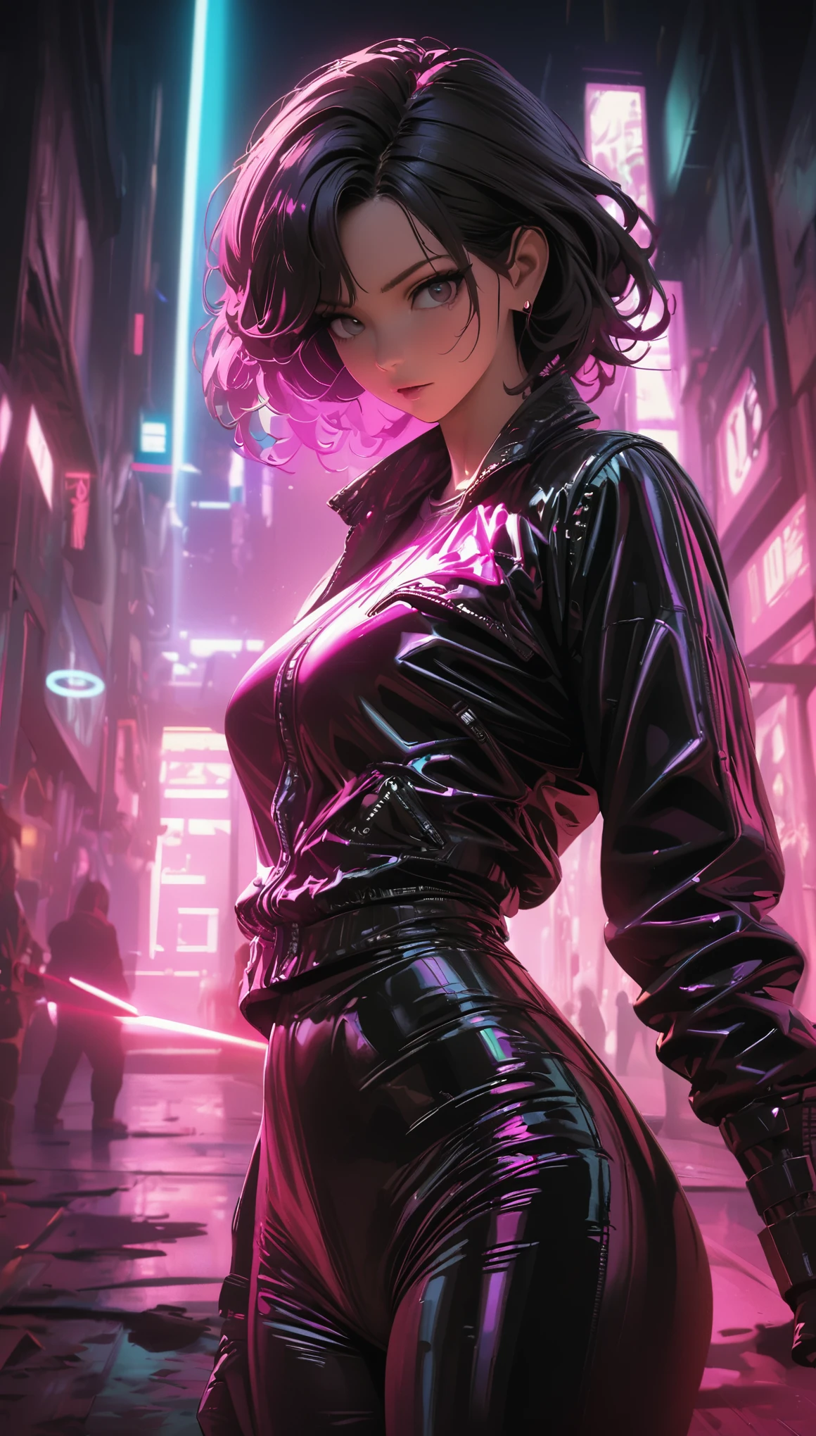 
cyberpunk style，30-year-old mature and charming woman，Tight leather jacket and leather pants cover the whole body，High-heeled leather boots，Fight with a laser sword，Beautiful，Glowing special effects，celluloid style，Flat coating，HD，CG art，comics，8K，looking into camera，high quality，illustration，Vaporwave style，rim light，movie lighting，Super detailed，complex，OC renderer，cinematic perspective，high resolution
