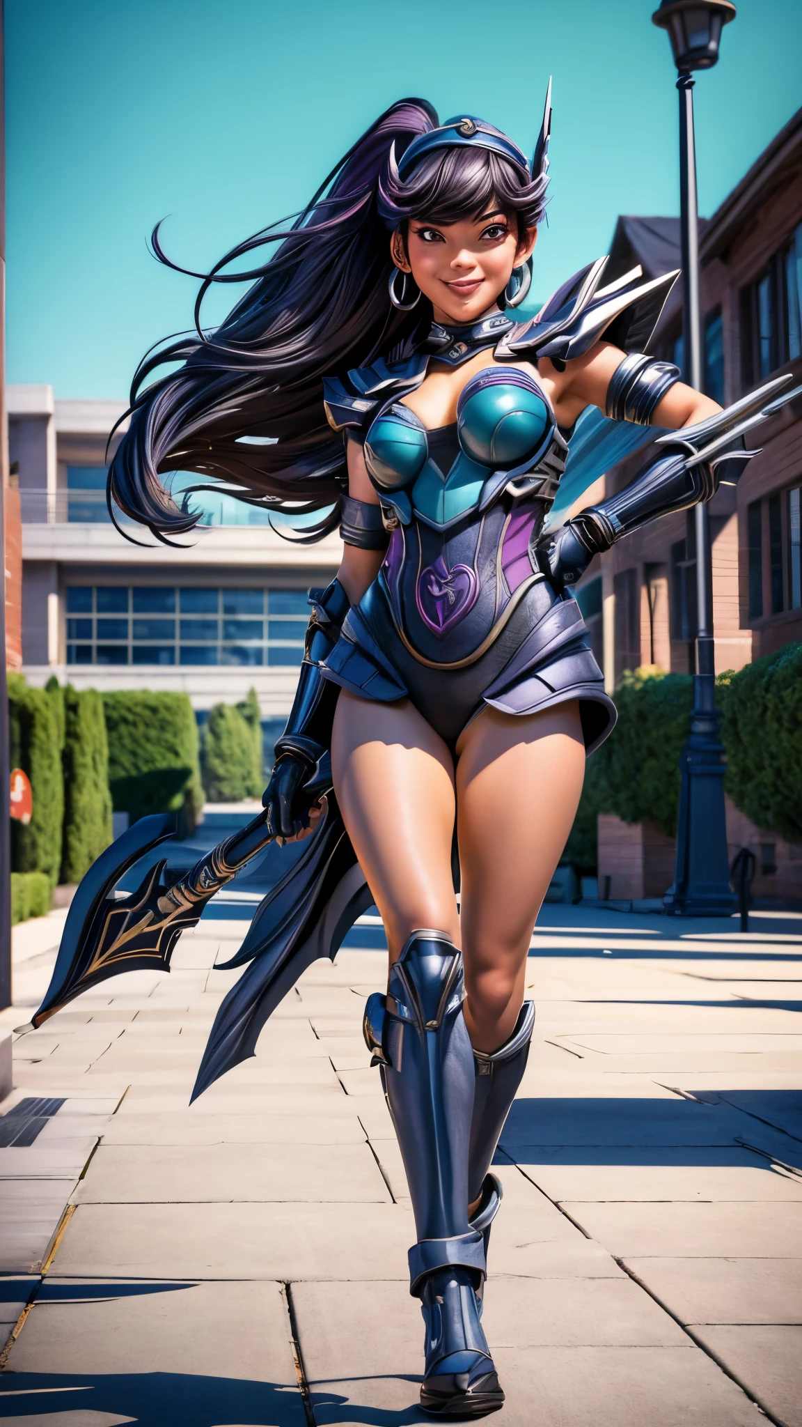 (masterpiece, best quality:1.5), highest quality, High resolution, super detailed, Realists, Full body photo of Blackfire from Teen Titans, detailed and beautiful violet eyes, beautiful detailed lips, very detailed eyes and face, longeyelashes, additional eyebrows in the forehead area, Beautiful and colorful makeup, Heroes Pose, black hair, orange skin, bright daylight, bright colors, fine brushstrokes, Portrait style, beautiful color palette, glowing skin, First-class rendering, that captures every detail, enchanting atmosphere, (perfect anatomy:1.2), (The stunning Blackfire wears a blue top with silver shoulder plates, silver skirt and thigh high blue boots.armor.Teen Titans animated series 2003, panoramic view:1.2)