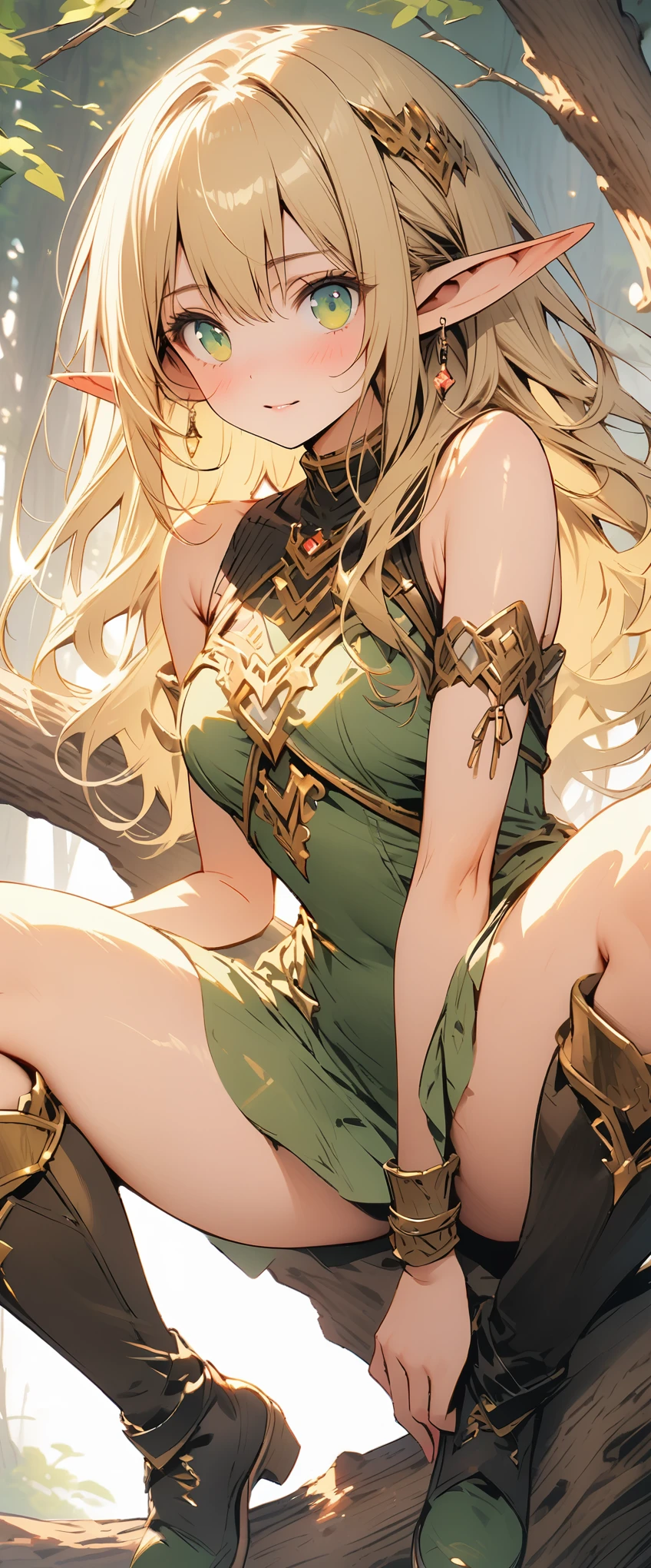 ((masterpiece)), ((best quality)), ((high resolution)), ((Extremely detailed CG unified 8k wallpaper)), ((on a tree branch in the deep forest:1.3)), ((Elven woman cartoon character, Pointed elf ears, wavy blonde hair, green eyes, Bare Skin:1.2)), cowboy shot, skin is wet and shiny, Wearing a flowing minidress and leather armor with gold decorations, Long leather boots, ((tilts head, View from the front:1.2)), ((squat with legs apart)), 