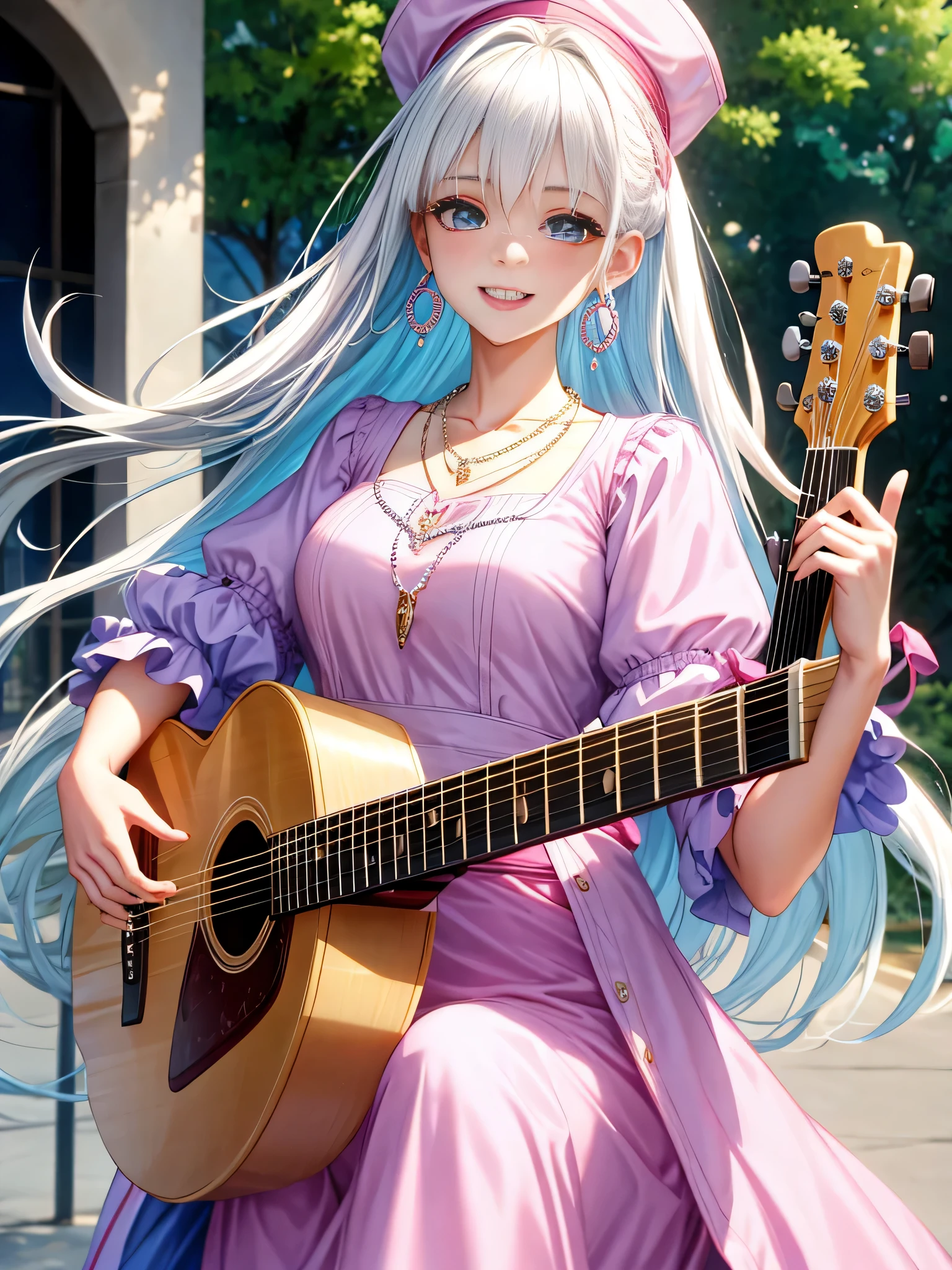 A tall gorgeous girl with white hair and gorgeous blue eyes is playing guitar. 4k. Hd. Beautiful. Stylish. Pink outfit. Cap. Earrings. Necklace. Smiling. 