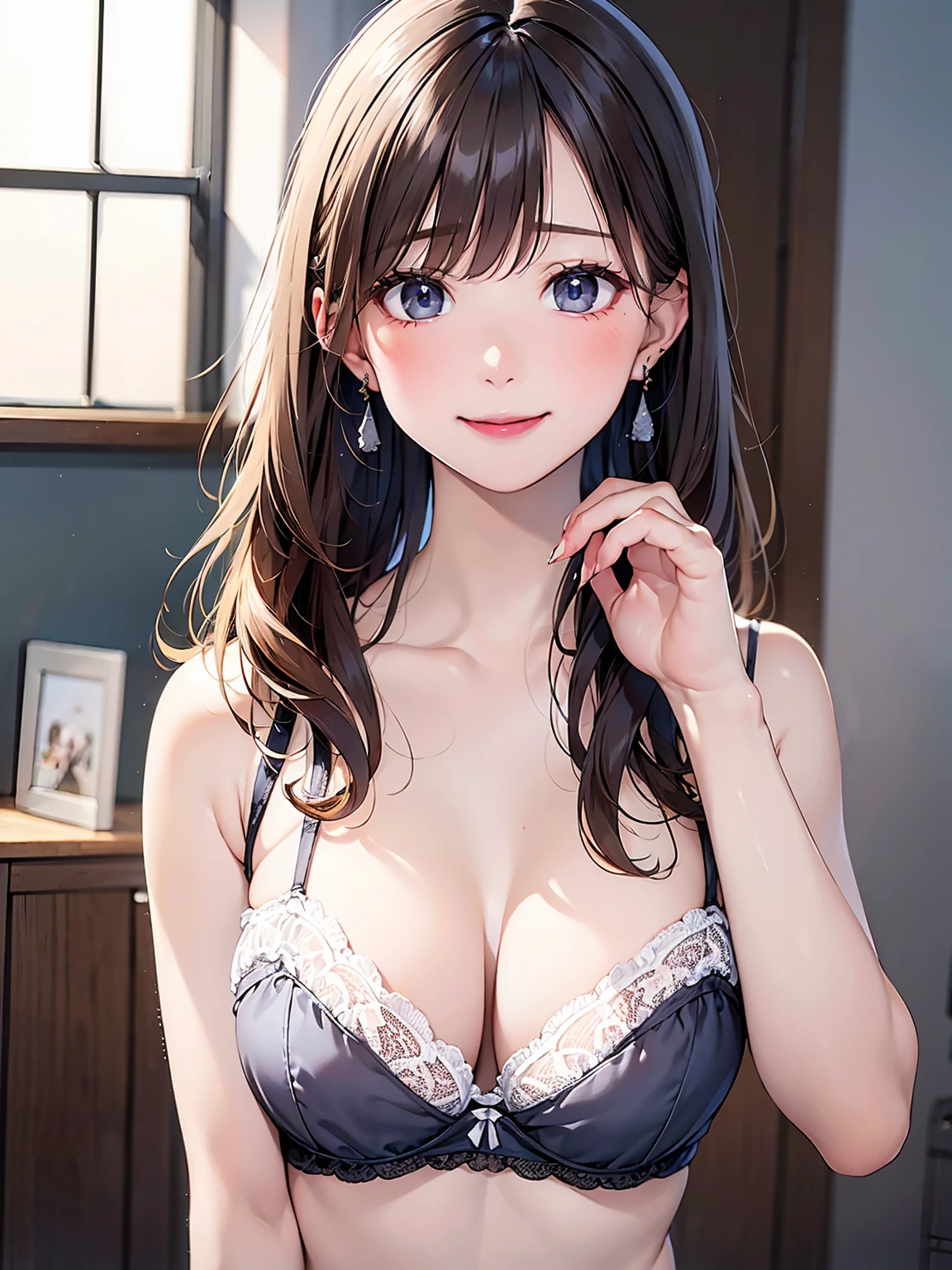 photorealism, highest quality, ultra high resolution, photograph, exquisitely beautiful photograph, extraordinary beauty, cheek gloss highlight, perfect body, Biologically accurate, cute and beautiful face details, beautiful bangs, shining white skin, bangs, between the eyes, beautiful glossy hair, smooth hair, thin hair, high resolution eyes, beautiful, bright and transparent, Big eyes that shine charmingly, eyeliner, double eyelid, focus on the whole body:1.5, 下からのphotograph, adult woman, 20 years ago, 1 person, Half-taken clothes, Undressing, (黄色のlace pantiesー), wavy hair, short shiny hair, (lace bra, soft big breasts:1.3), lace panties, firm chest, soft thighs, blue gray eyes, smile, 優しいsmile, fun, small earrings,