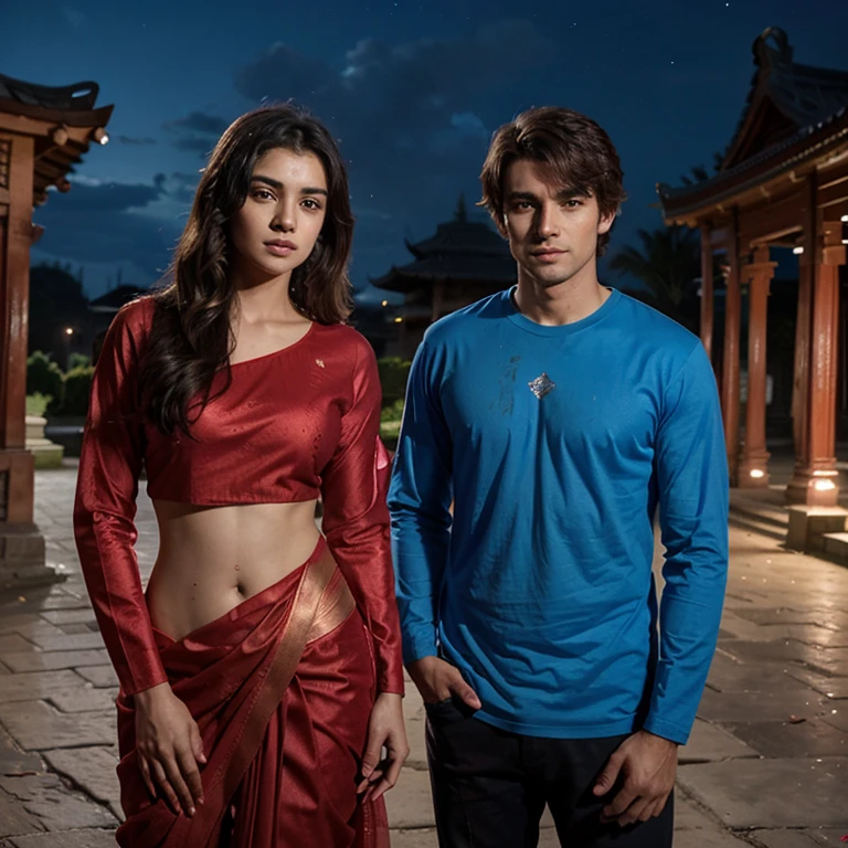 A beautiful girl in red saree standing with a handsome six pack boy in blue long sleeve tshirt. Boy have messy hair. They are standing infront of a temple at night