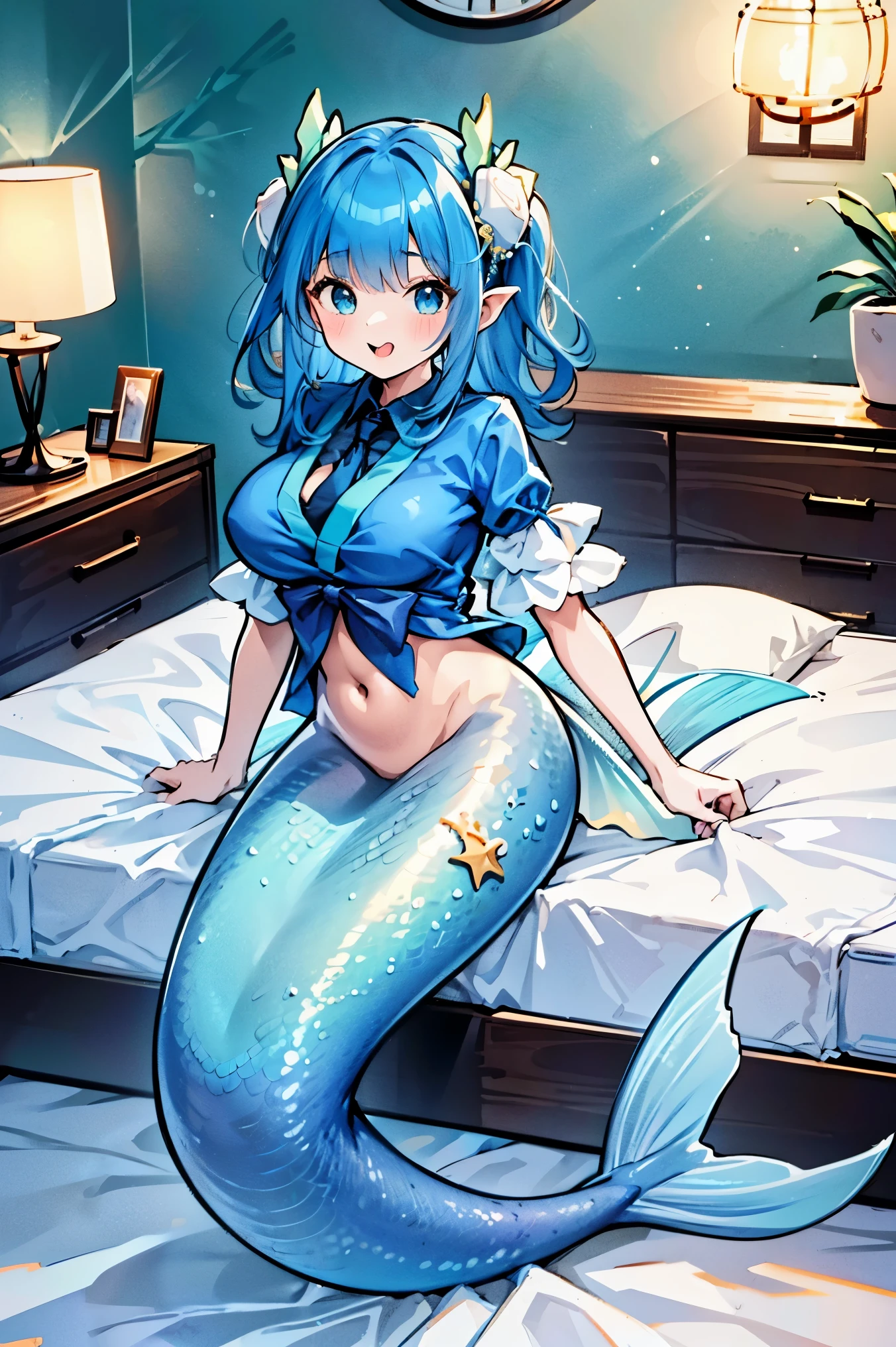 masterpiece, best quality,a female,big breasts,Mermaid,blue shirt,藍色的Mermaid尾巴,full-body shot,for the audience,Get posed,Kneel on the bed,estrus,Sticking out tongue,charming脸(kawaii, charming,soft)