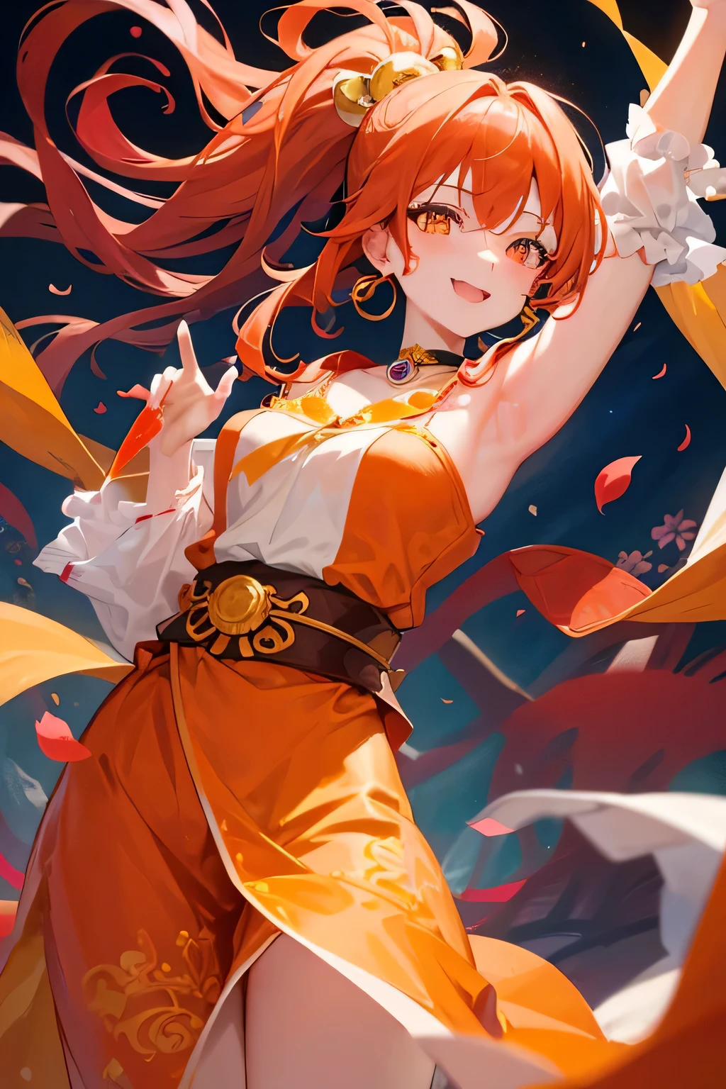 Beautiful woman with orange and brown ponytail、Eyes are yellow、one person、full of confidence々expression、evil smile、mouth open、The wind is blowing、Oiran、Daki's Costume、Sheryl Nome、choker、Warm background、petals dance、Cool and bold pose、Exposure is modest