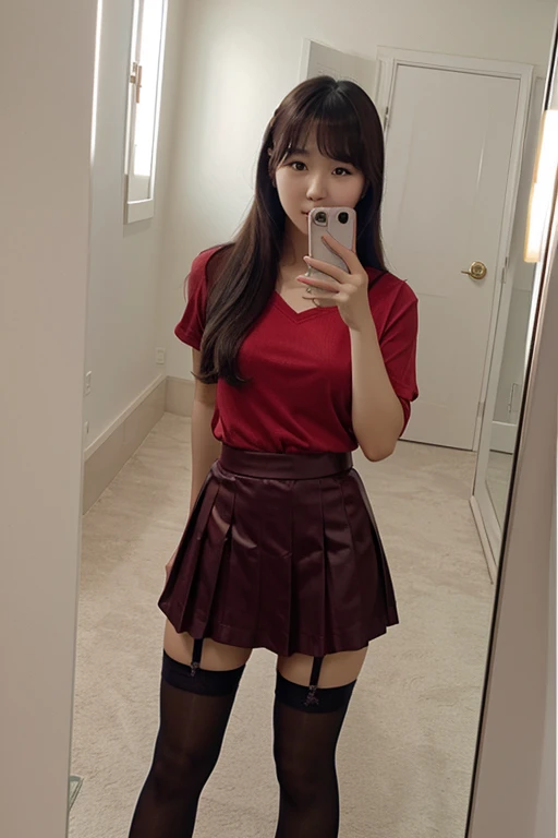 Cute Korean girl wearing a red shirt, short black skirt with stockings. Taking a mirror selfie