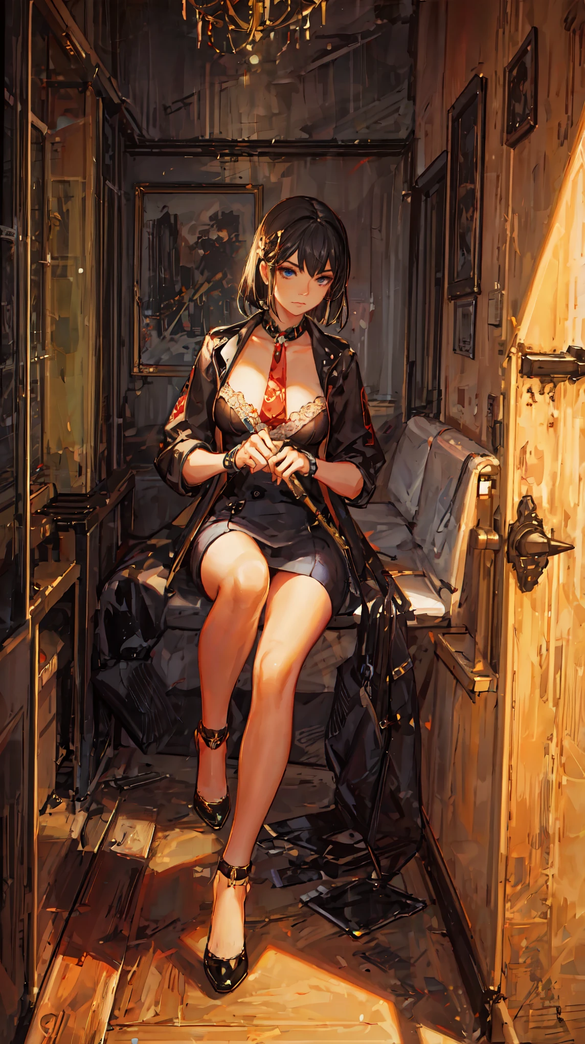 (Detailed close-up portrait !)(8K Masterpiece.High Quality.Digital Art.Beautiful and Aesthetic anime style.Perfect compositions and excellent perspective.OIL PAINTING) the character sit on a couch . boudoir-style apartment in the background