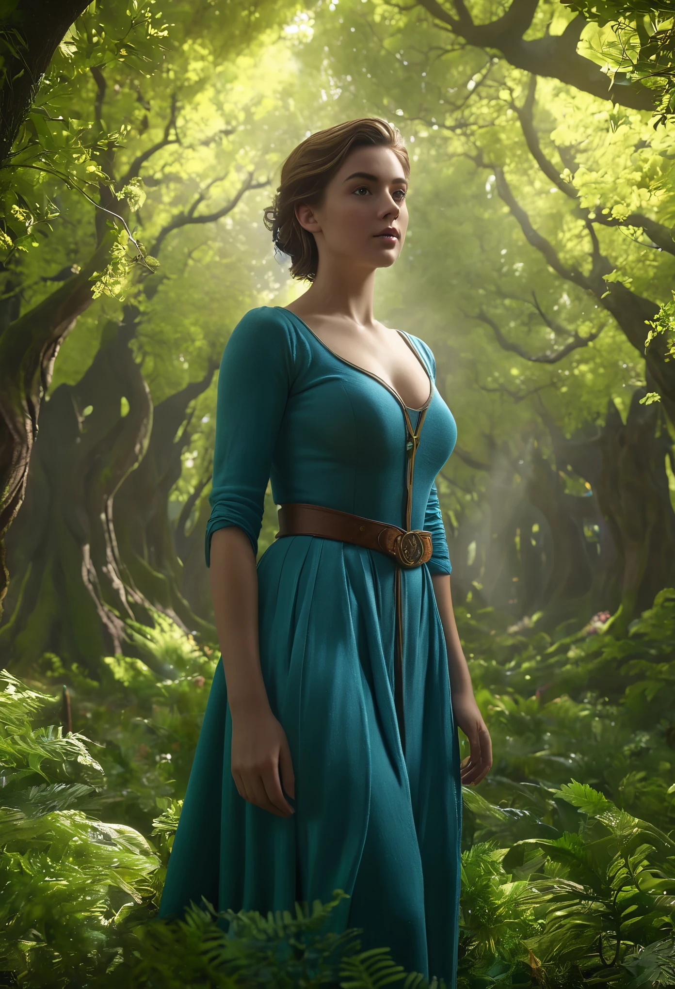 (clothed, masterpiece,wide angle, cinematic establishing shot,young adult european woman, highly detailed background:1.2), volumetric lighting, subsurface scattering, dynamic pose, (special effects, color grading, fantasy aura), (Grove Keeper:1.4), (Medium Covered Breasts:0.81), Hidden grove, mystical flora, guardian staff, nature spirits 