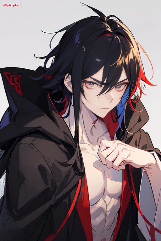 highest quality, 8K, high resolution image, anime style Jujutsu Kaisen, (Gilgamesh | Fate), detailed strokes, bored look , blurred, purple light reflecting from it, (close angle), 1 man, young, male, model, hand in pocket, cool guy, multicolored Background with various geometric shapes, around stickers, muscular, Blue hair, Hairstyle, Hairstyle:Undercut, Red eyes, short Hair, Blue hair, highlighted hair ,swollen chest, He is wearing a black sportjacket, torso and black sweatpants, Black Sportjacket, black sweatpants and a gold link chain, sweatpants, Background: Room,