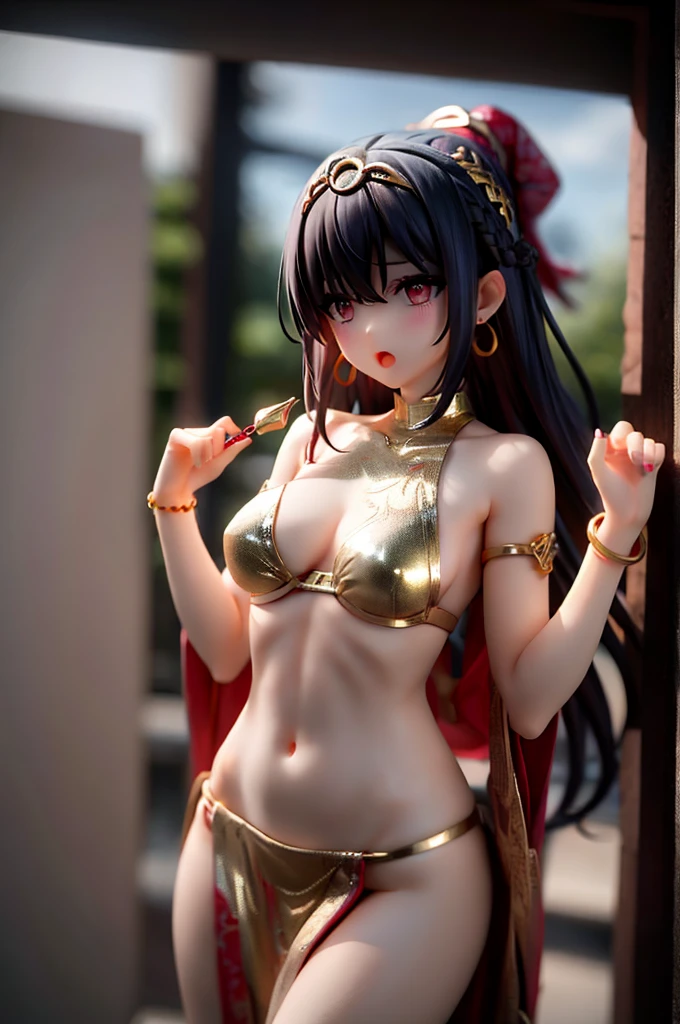 girl、wheat-colored skin、dark skin、odd eye、Right eye red、Left eye green、long hair、gray hair、evening、red dancer costume、red earrings、whole body、Thin fabric、belly button、gold bangles、gold anklet、thighs、shoulder、Red Turban、The background is grassland、look up here、Lipstick is light pink、open your mouth a little、Embarrassed expression、No cloth on the abdomen、