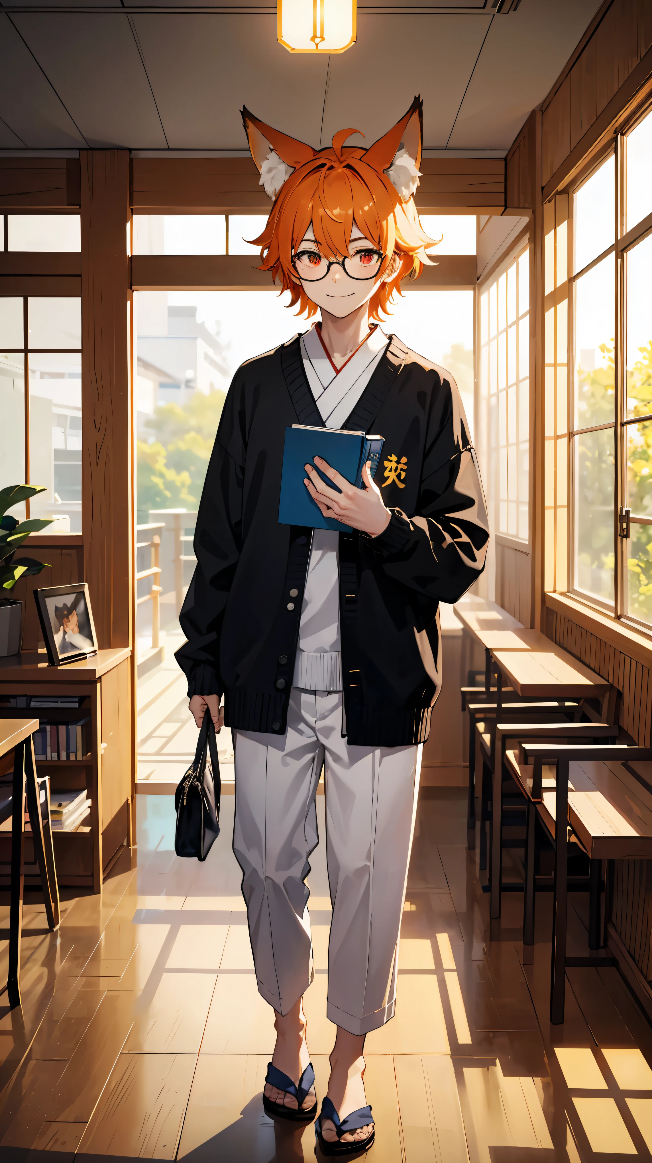 1man, embarrasing, smile, stylish hair, black glasses, orange hair, red eyes, fox ears, wallpaper, landscape, depth of field, morning, modern school lobby, light particles, light rays, sidelighting, modern japanese , (modern japanese school shirt), modern japanese school pants, (black sweater), holding books