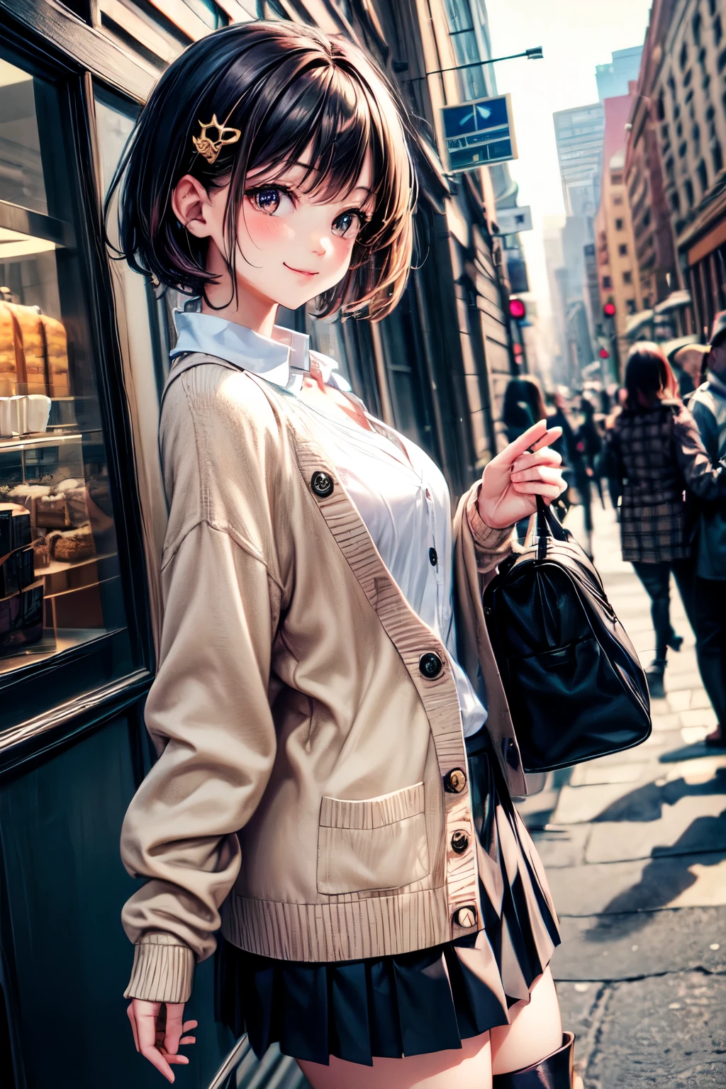 very cute and beautiful girl,(highly detailed beautiful face),(white blouse),
(smile),cowboy shot,looking at viewer,
(beige cardigan:1.2) BREAK zettai ryouiki,brown shoulder bag,(brown boots),
stylish pose,hair ornament,black hair,(pleated black mini skirt:1.2),
standing in front of cake shop show window,downtown street,crowd,people,
(best quality,masterpiece:1.0),absurdres,highres,ultra-detailed,extremely detailed,32k,8k resolution,
intricate details,cinematic scene,detailed background,solo,dynamic angle,
natural lighting,hair fluttering in the wind,beautiful detailed sky,perfect hands,beautiful hands,