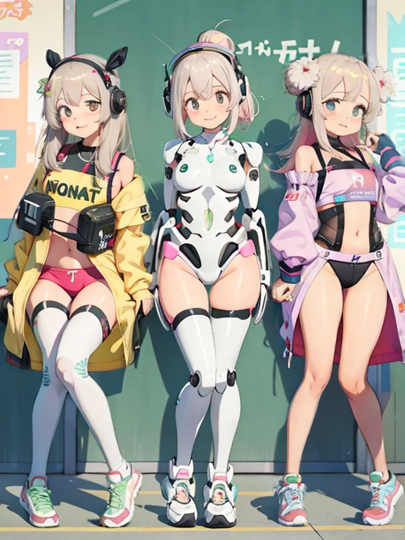 detailed background, 
highest quality,
 Three beautiful female robots in their twenties,
 full body shot,
 all facing forward,
 Everyone is showing off their bodies,
 Everyone is embarrassed,
 All perfect, cute and beautiful human female faces,
 Everyone except their faces are machines.,
 All internal skeletons exposed,
 Everyone has cute hairstyles,
 All have huge chests,
 smile,
 Each has a different internal skeleton,
 Everyone&#39;s internal skeleton is clearly visible,
 All have floral and pastel colored internal skeletons,
 Everyone has casters at their feet－is attached,
 All the members added accents with headsets and headbands.