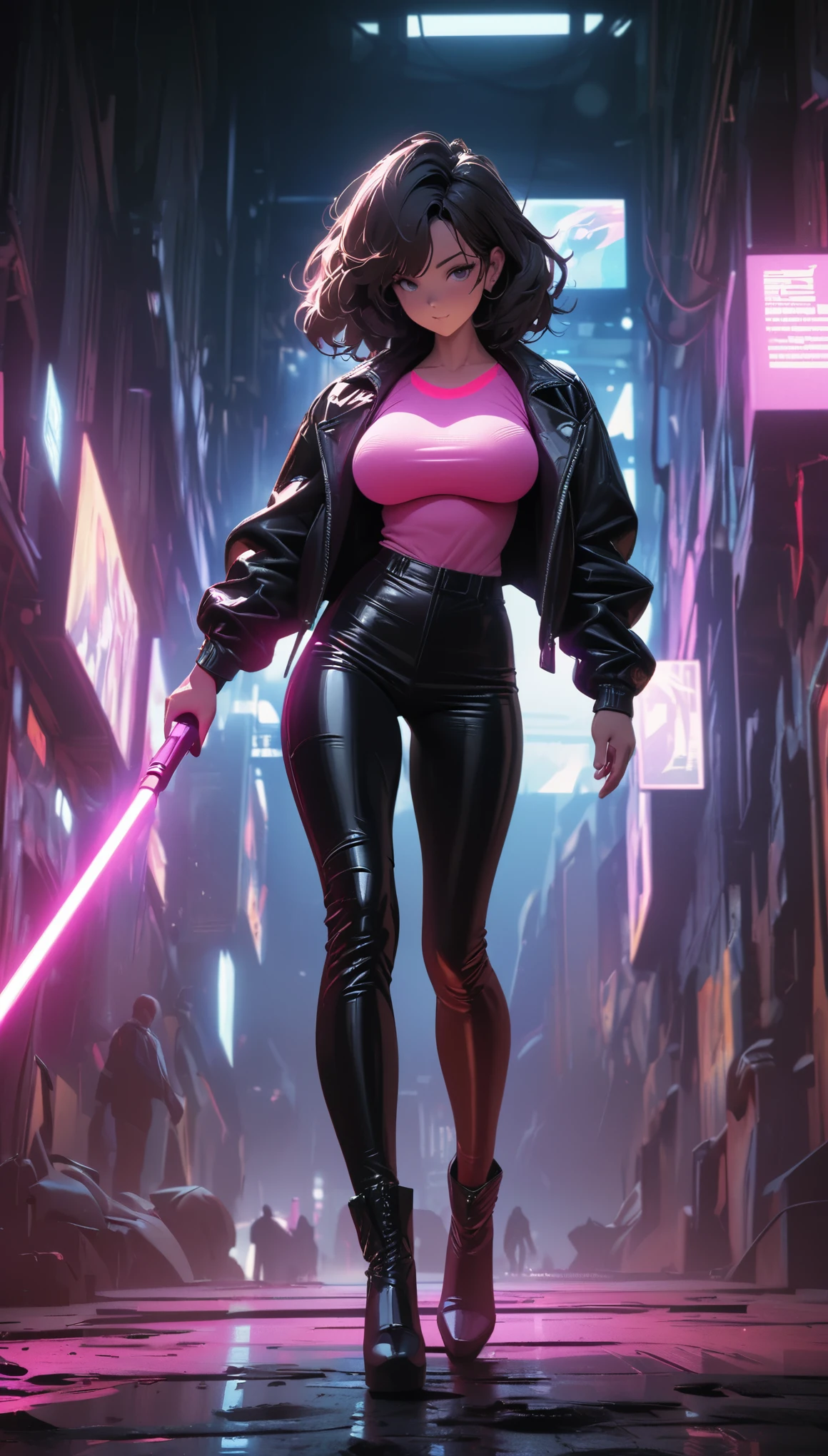 cyberpunk style,30-year-old mature and charming woman,Leather jumpsuit and leather pants cover the whole body,High-heeled leather boots,Fight with a laser sword,Beautiful,Glowing special effects,celluloid style,Flat coating,HD,CG art,comics,8K,looking into camera,high quality,illustration,Vaporwave style,rim light,movie lighting,Super detailed,complex,OC renderer,cinematic perspective,high resolution