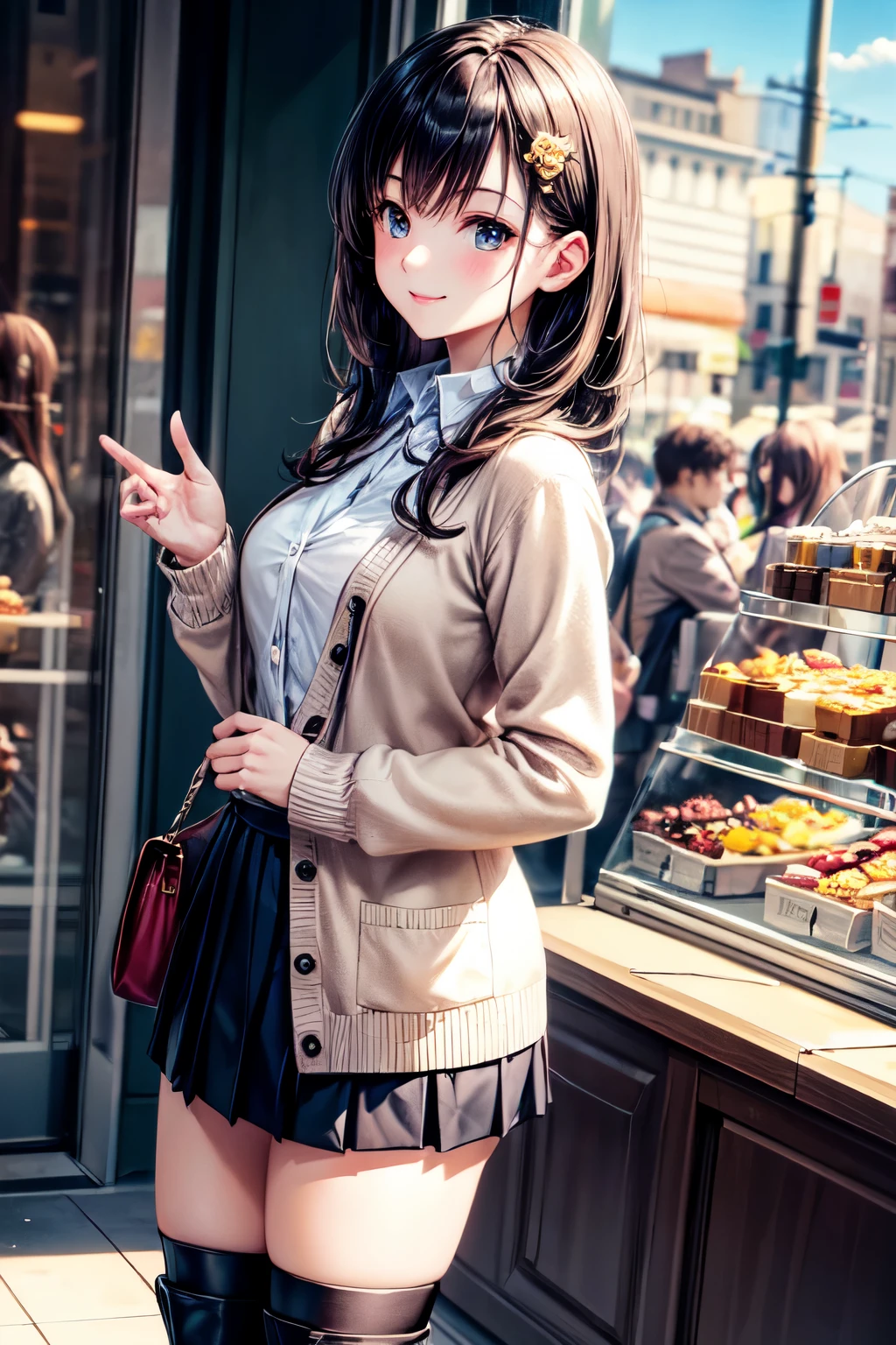 very cute and beautiful girl,(highly detailed beautiful face),(white blouse),
(smile),cowboy shot,looking at viewer,
(beige cardigan:1.2) BREAK zettai ryouiki,brown shoulder bag,(brown boots),
stylish pose,hair ornament,black hair,(pleated black mini skirt:1.2),
standing in front of cake shop show window,downtown street,crowd,people,
(best quality,masterpiece:1.0),absurdres,highres,ultra-detailed,extremely detailed,32k,8k resolution,
intricate details,cinematic scene,detailed background,solo,dynamic angle,
natural lighting,hair fluttering in the wind,beautiful detailed sky,perfect hands,beautiful hands,