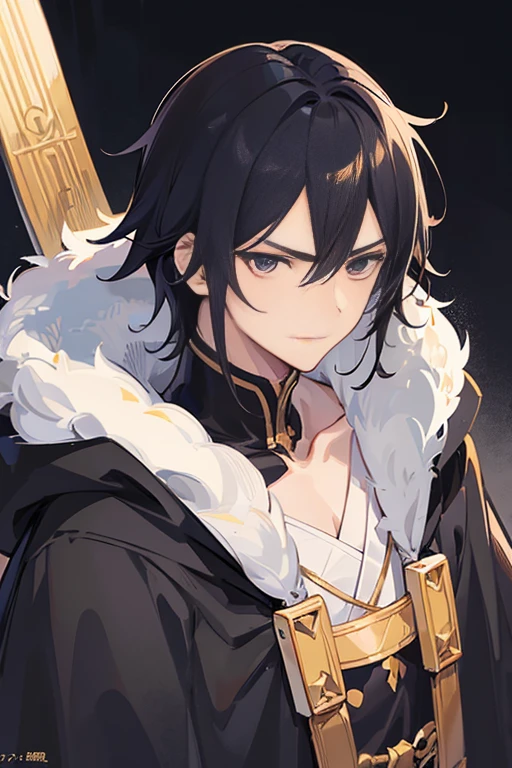 Close-up of (male anime character:1.3), (intense gaze:1.2),black eyes, short black hair, furrowed brows, (serious expression:1.2), shadowed face, (black cloak with golden trim:1.1), high-detail digital illustration, (dark background:1.1), anime style, strong facial features, contrasting colors,anime,1male,smile,closed mouth