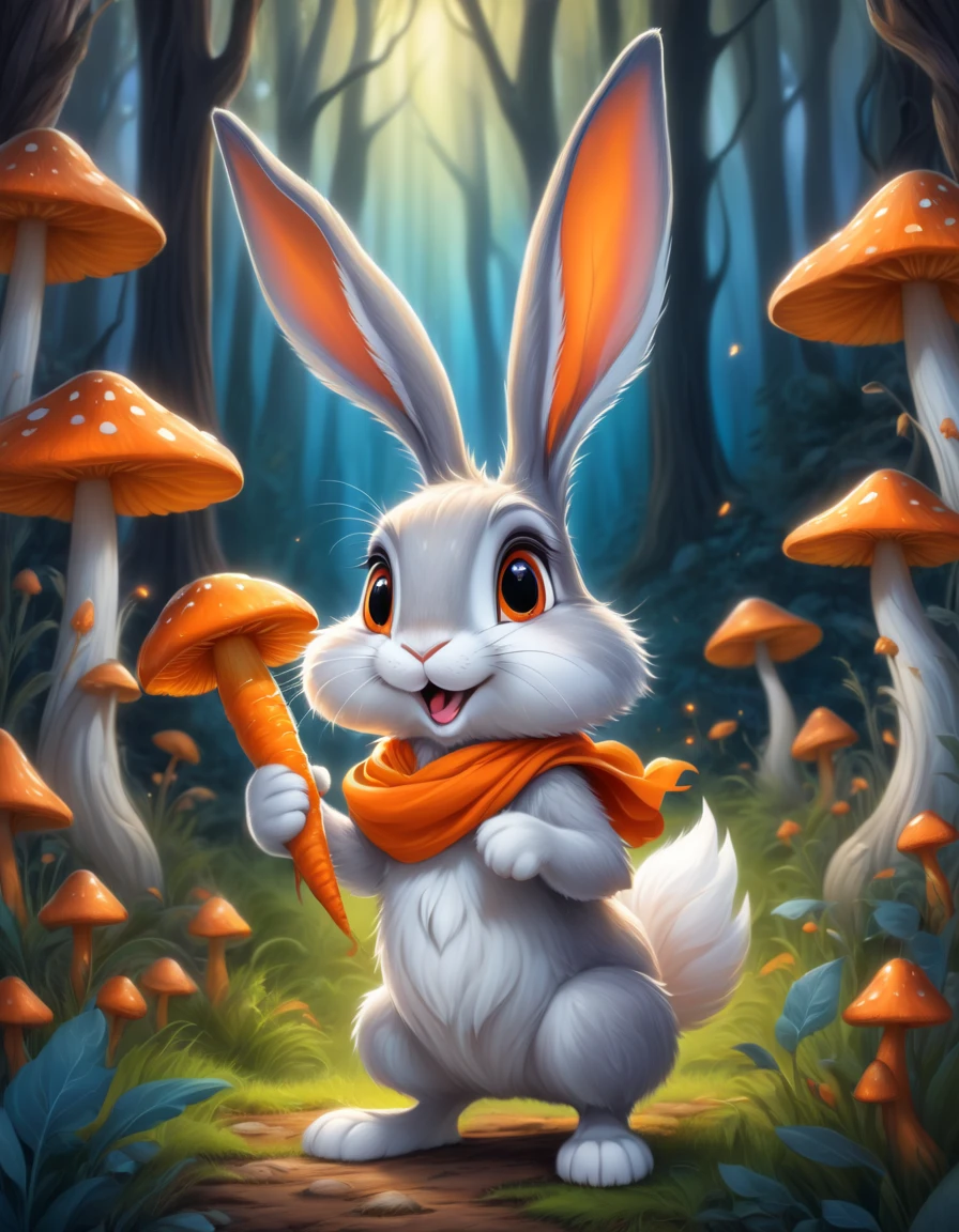 A grey and white hare with orange carrot in his hand, fable character in American animated cartoon style, vibrant color, ultrasharp and crisp illustration, with longer ears, looking surprised, in an enchanted forest background with magical glowing mushrooms, with fluffy fur