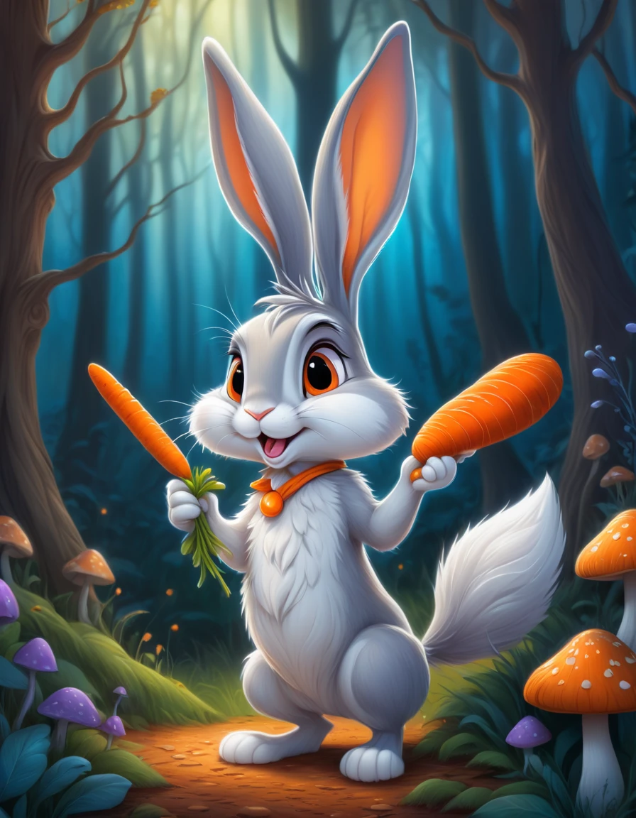 A grey and white hare with orange carrot in his hand, fable character in American animated cartoon style, vibrant color, ultrasharp and crisp illustration, with longer ears, looking surprised, in an enchanted forest background with magical glowing mushrooms, with fluffy fur