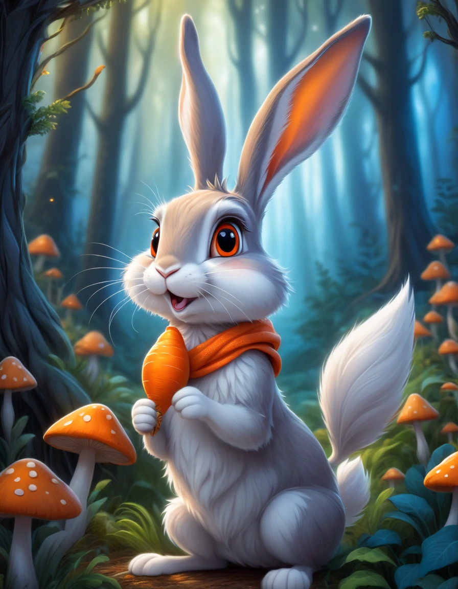 A grey and white hare with orange carrot in his hand, fable character in American animated cartoon style, vibrant color, ultrasharp and crisp illustration, with longer ears, looking surprised, in an enchanted forest background with magical glowing mushrooms, with fluffy fur