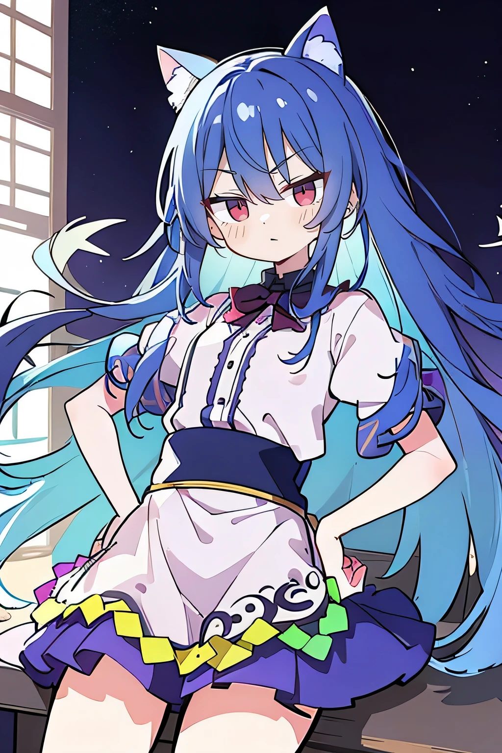 (masterpiece),best quality, expressive eyes, perfect face, 1girl,
Put your hands on your waist,fair, Gorgeous,Japanese cartoons,girl,lola,Hina Angel, blue hair, blue haired, floating clothes,Grab your waist, Grab your waist, hands on hips , hands on hips,sit, sit on ground, Legs on the ground, flat chest,starry sky,cat ear,purple eyes,