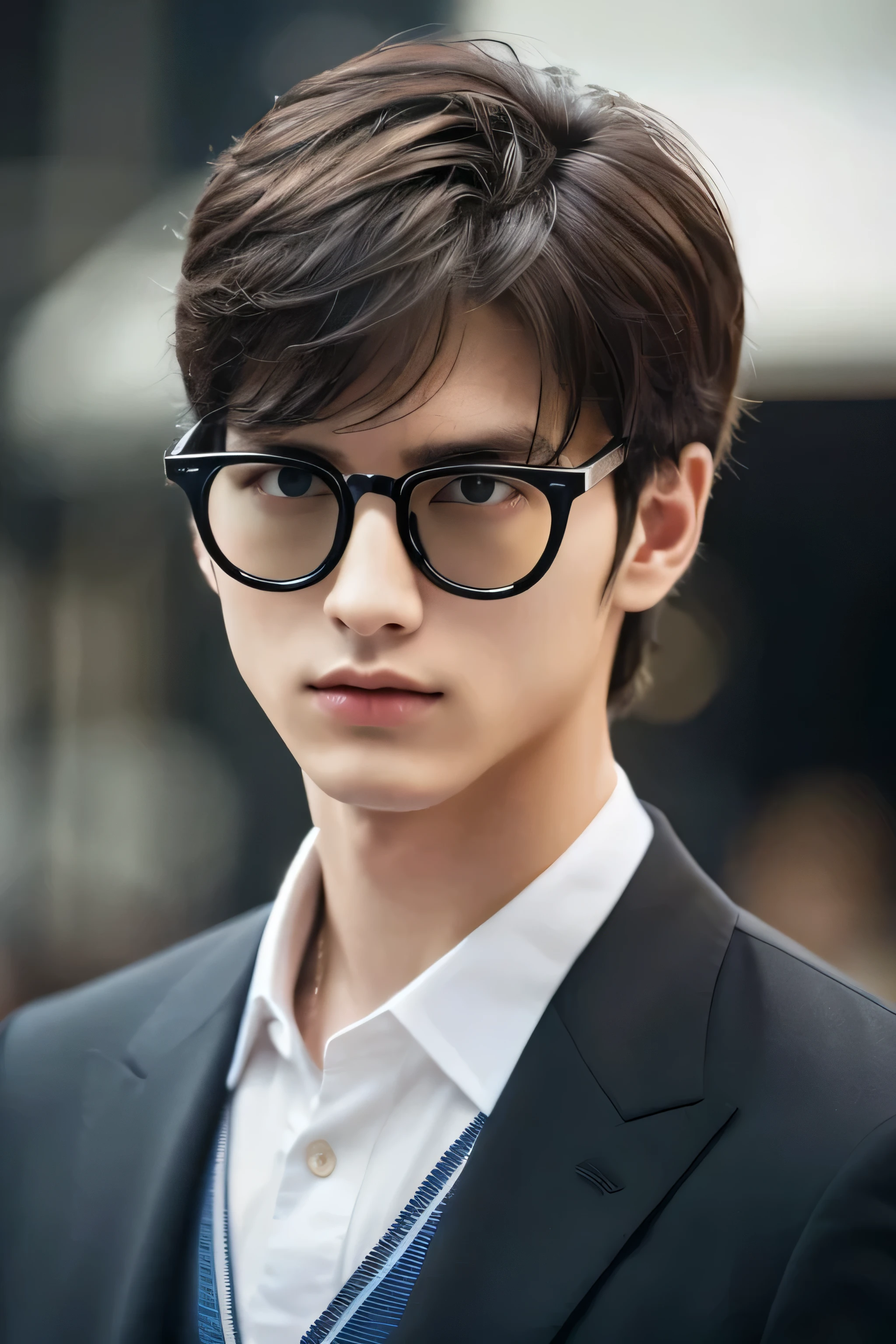 Wearing transparent glasses、Tokyo Marunouchi、Sidewalk under the trees、body whole、Height 178ｃｍ、long legs、Walking briskly and hurriedly、wearing frameless glasses、Talking on an iPhone、Holding a black bag handle、He wears a white shirt and a dark blue suit、navy blue tie、No tie pin、Young and beautiful 2２old man、Kazuma、masterpiece photo、ultra high resolution、 Really detailed RAW photos. Attractive big eyes,The lips are thin and tight、The tip of the nose is straight、nostrils are small、 dark brown hair, Fair skin,Body type is slim
