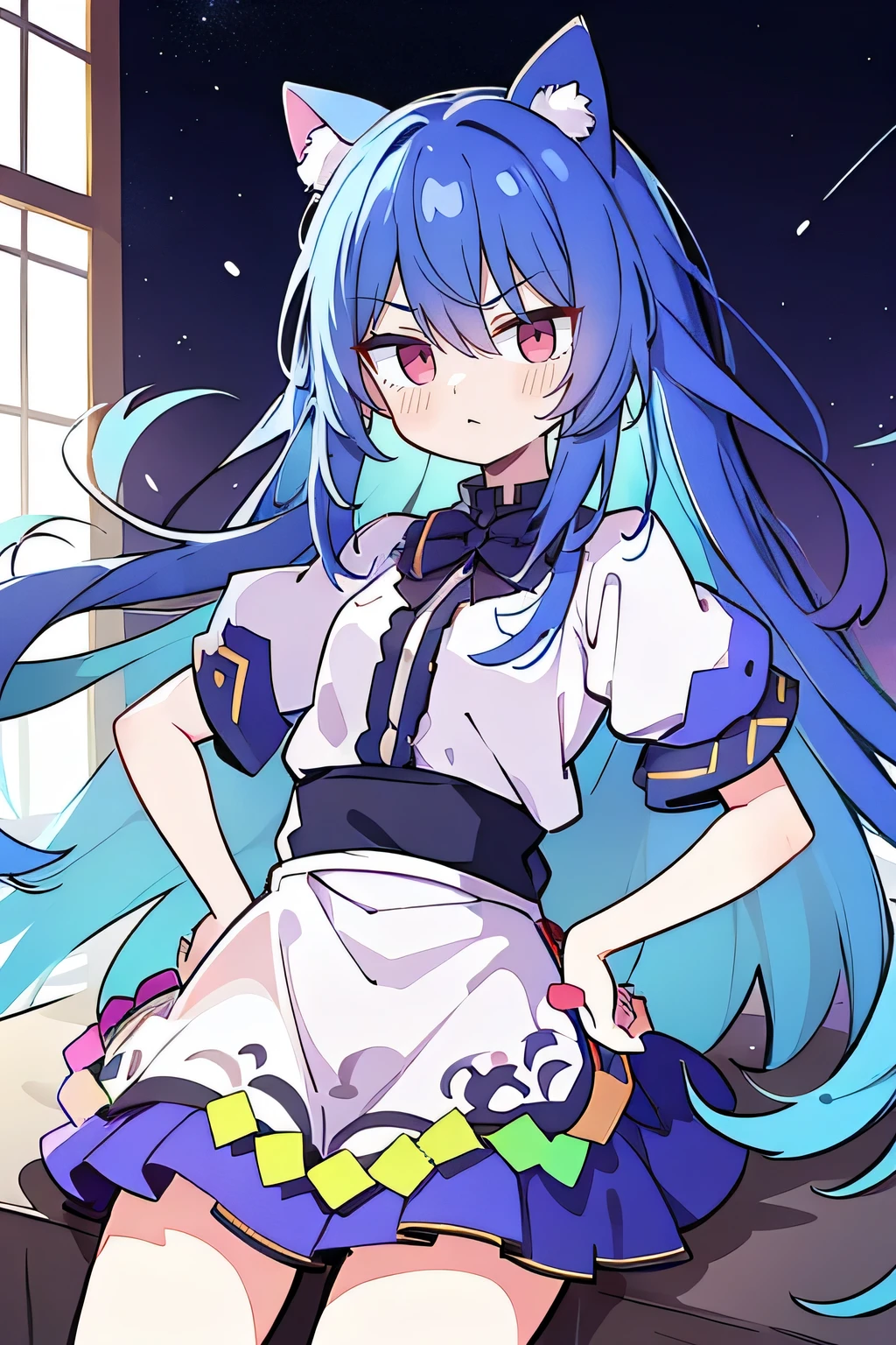 (masterpiece),best quality, expressive eyes, perfect face, 1girl,
Put your hands on your waist,fair, Gorgeous,Japanese cartoons,girl,lola,Hina Angel, blue hair, blue haired, floating clothes,Grab your waist, Grab your waist, hands on hips , hands on hips,sit, sit on ground, Legs on the ground, flat chest,starry sky,cat ear,purple eyes,