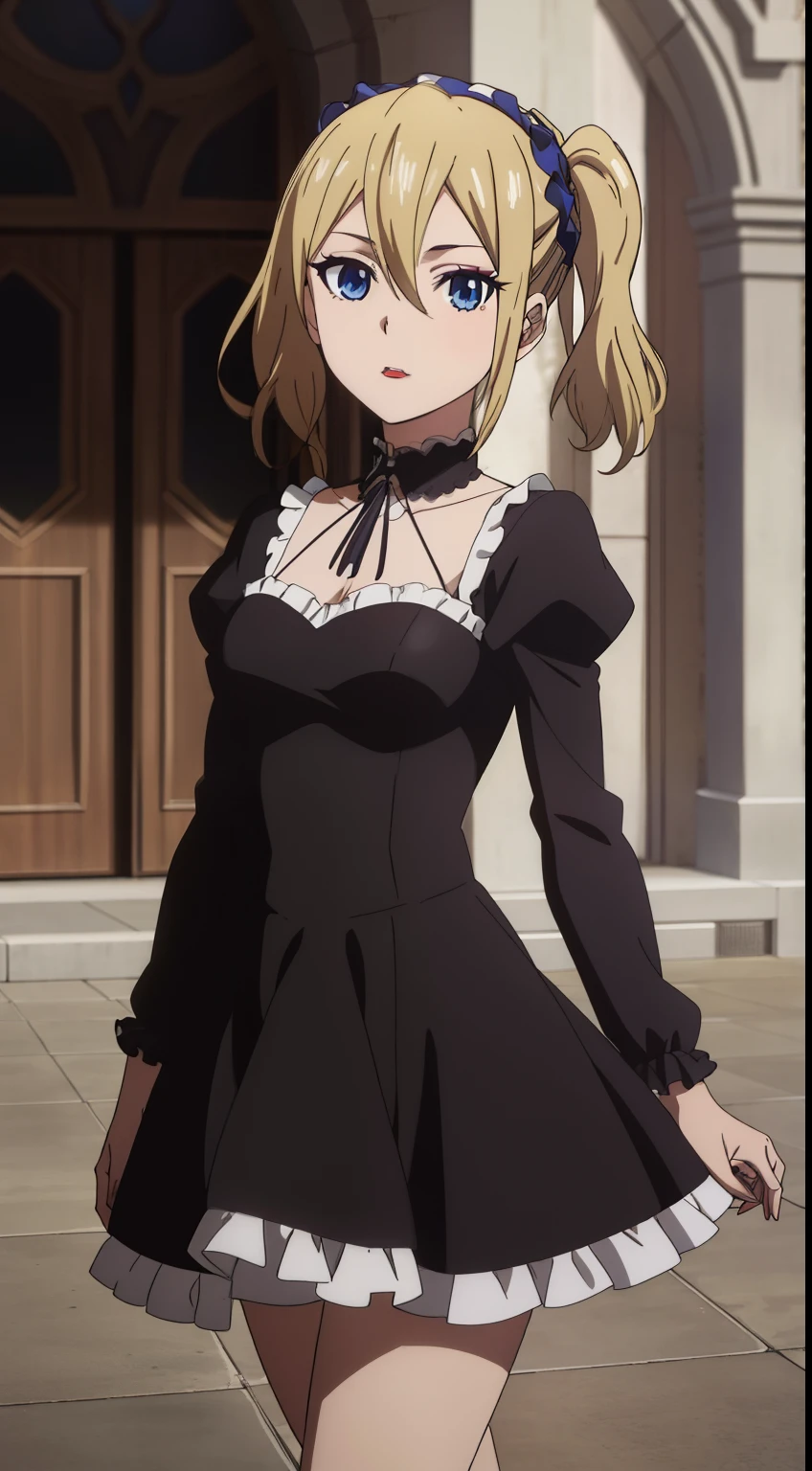 hayasaka,blonde hair, blue eyes, girl,alone, hair between eyes,masterpiece,highest quality,anime,2D,girl1 name, alone,gothic fashion,gothic dress,black dress,gothic art style,frills,headband,makeup,natural lip,stylish pose,stylish angle,looking at the viewer,in the center of the image,(beautiful_medium breasts:1.2), (beautiful_face:1.4),(beautiful_thighs:1.1),