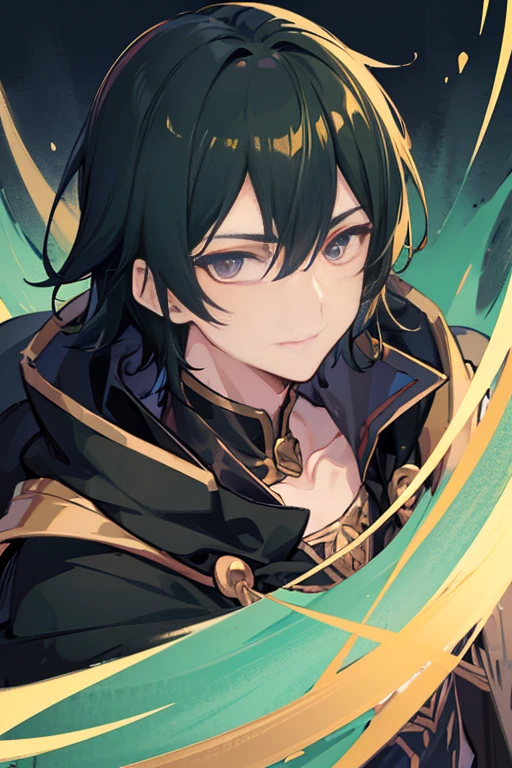 Close-up of (male anime character:1.3), (intense gaze:1.2),black eyes, short green hair, (black cloak with golden trim:1.1), high-detail digital illustration, (dark background:1.1), anime style, strong facial features, contrasting colors,anime,1male,smile,closed mouth,prince