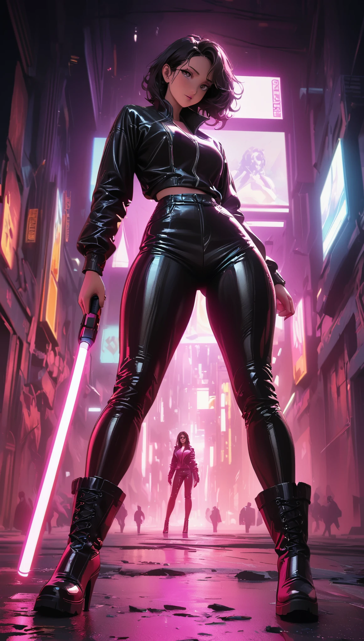cyberpunk style,30-year-old mature and charming woman,Leather jumpsuit and leather pants cover the whole body,High-heeled leather boots,Fight with a laser sword,Beautiful,Glowing special effects,celluloid style,Flat coating,HD,CG art,comics,8K,looking into camera,high quality,illustration,Vaporwave style,rim light,movie lighting,Super detailed,complex,OC renderer,cinematic perspective,high resolution